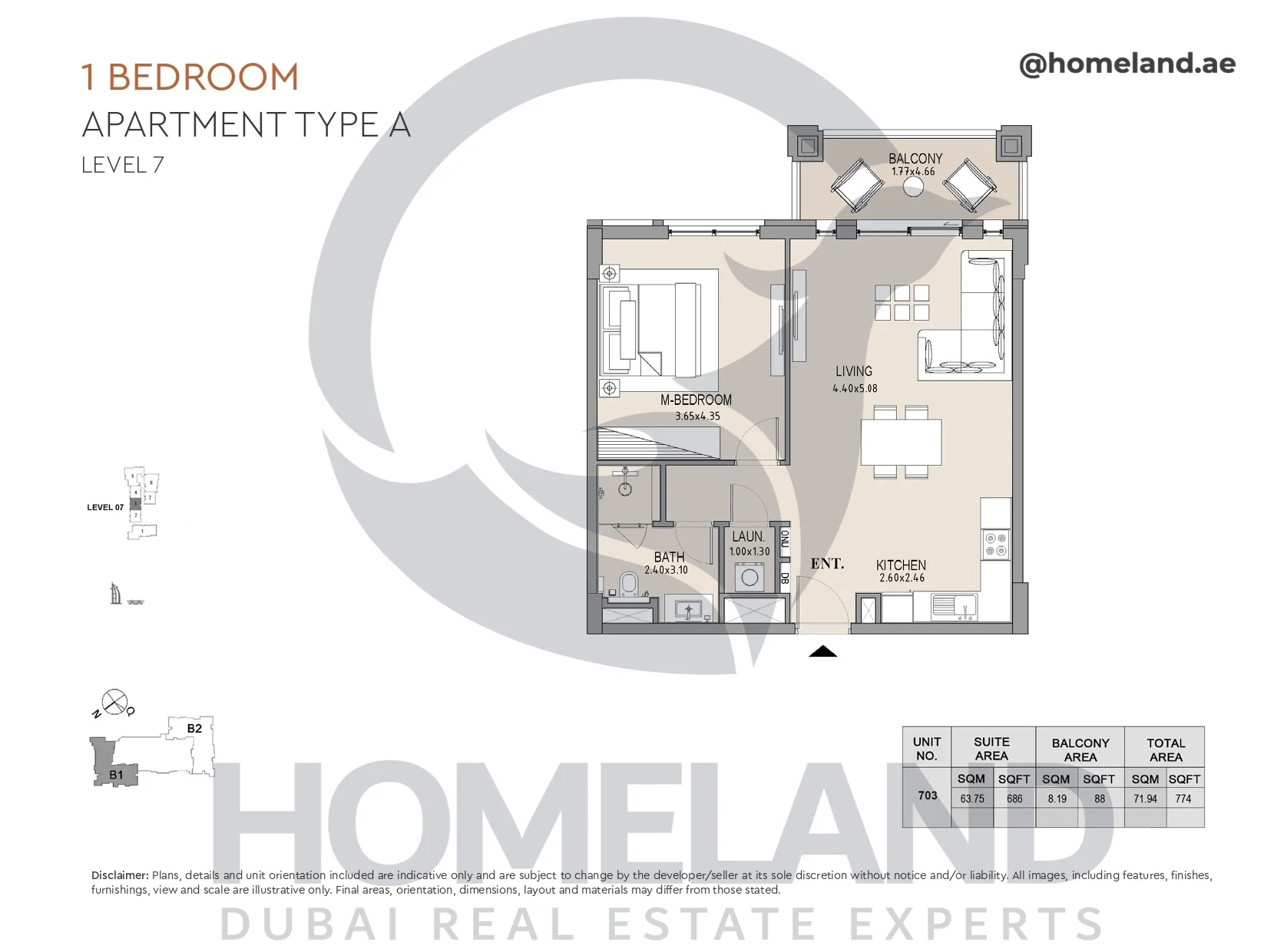 Lamtara, Building 1, 1BR, Type A, Level 7, Unit 703, 774 SQFT
