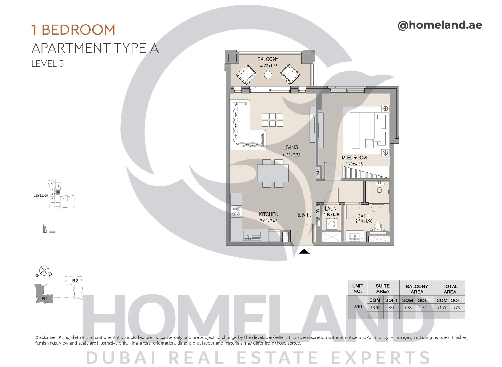 Lamtara, Building 1, 1BR, Type A, Level 5, Unit 510, 773 SQFT