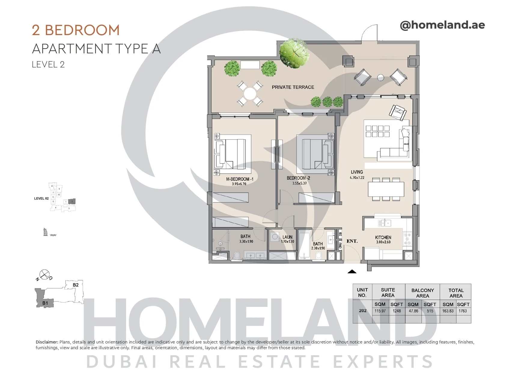 Lamtara, Building 1, 2BR, Type A, Level 2, Unit 202, 1763 SQFT