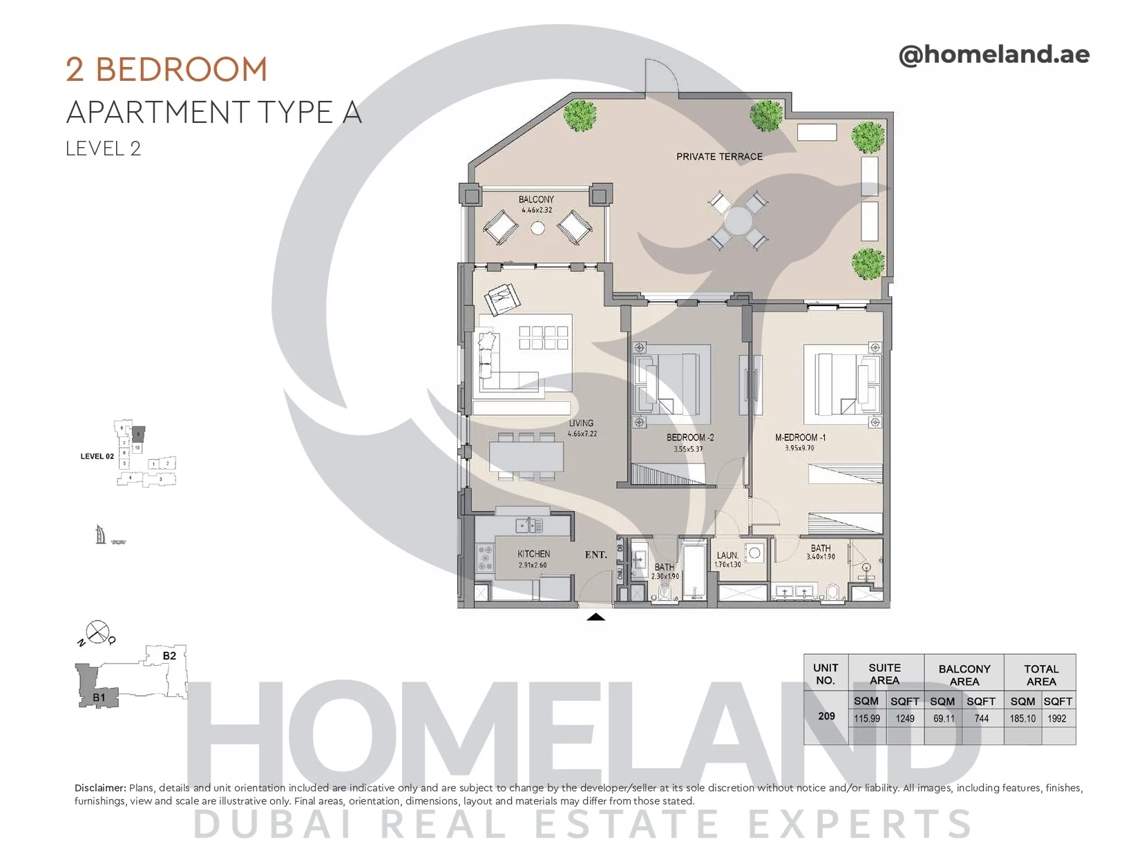 Lamtara, Building 1, 2BR, Type A, Level 2, Unit 209, 1992 SQFT