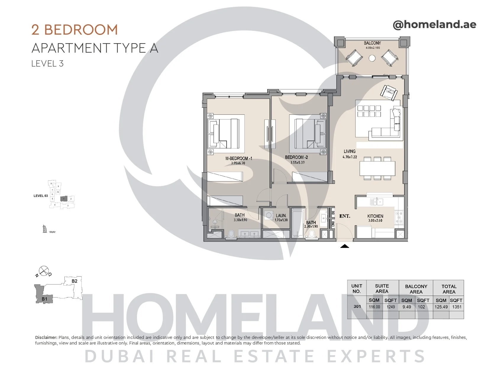Lamtara, Building 1, 2BR, Type A, Level 3, Unit 301, 1351 SQFT
