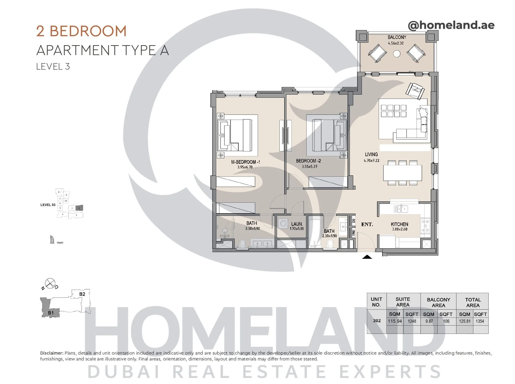 Lamtara, Building 1, 2BR, Type A, Level 3, Unit 302, 1354 SQFT
