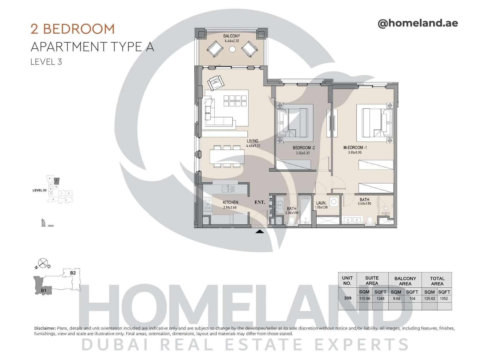 Lamtara, Building 1, 2BR, Type A, Level 3, Unit 309, 1352 SQFT
