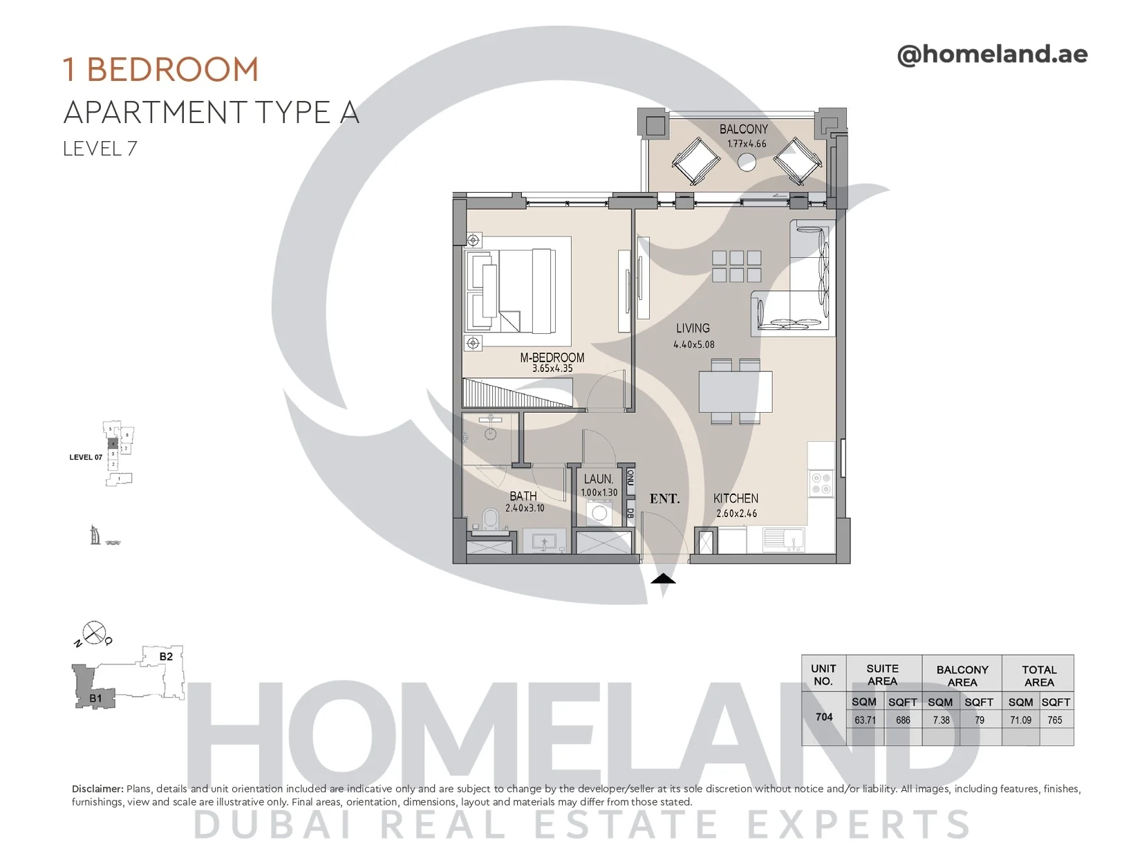 Lamtara, Building 1, 1BR, Type A, Level 7, Unit 704, 765 SQFT