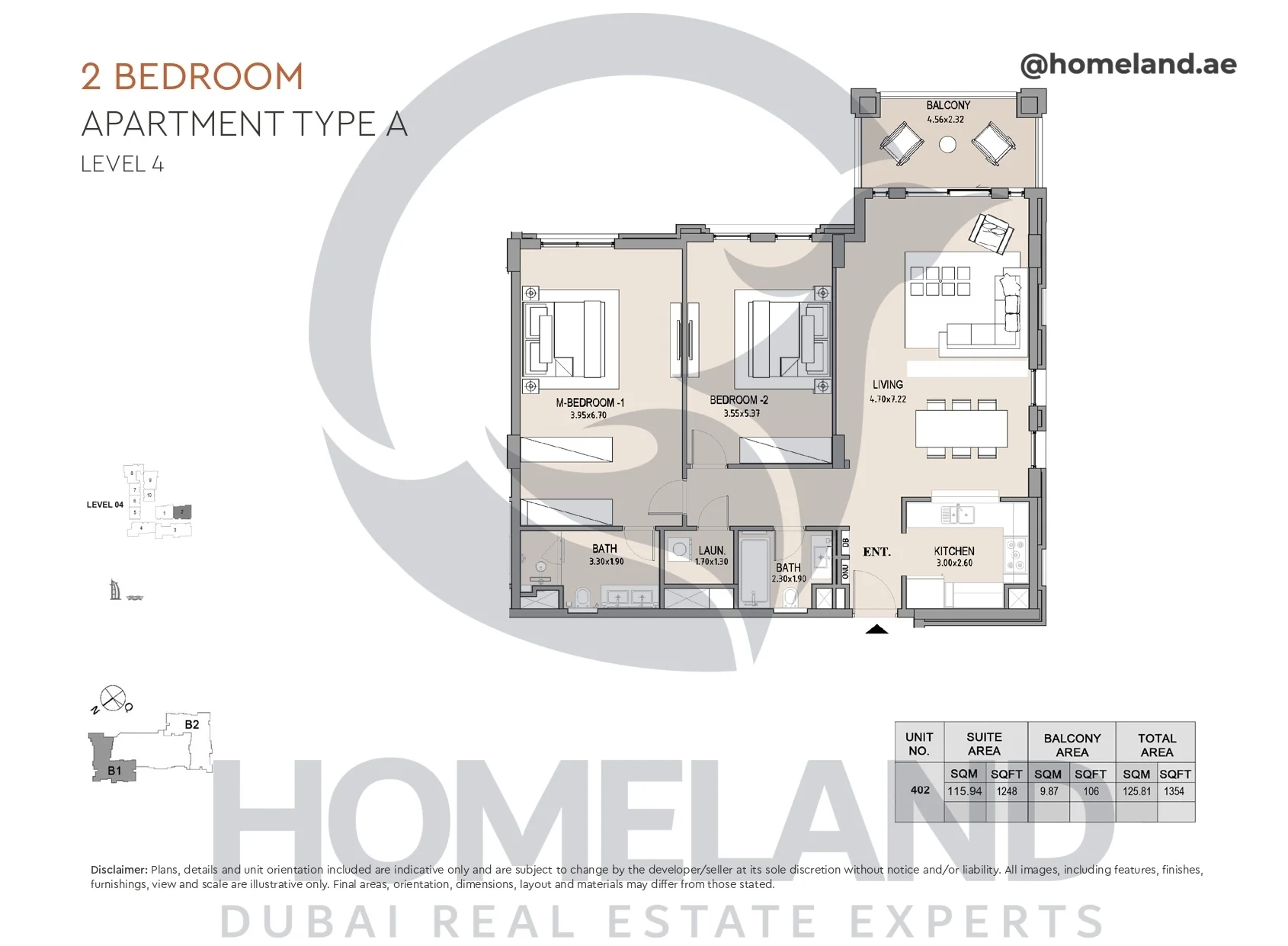 Lamtara, Building 1, 2BR, Type A, Level 4, Unit 402, 1354 SQFT