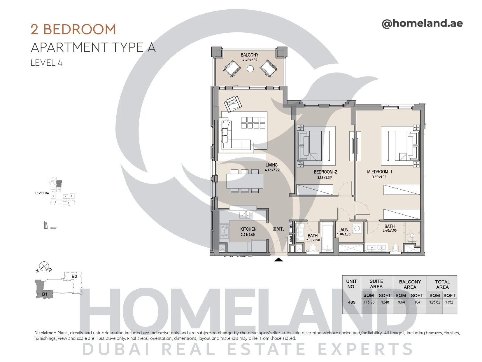 Lamtara, Building 1, 2BR, Type A, Level 4, Unit 409, 1352 SQFT
