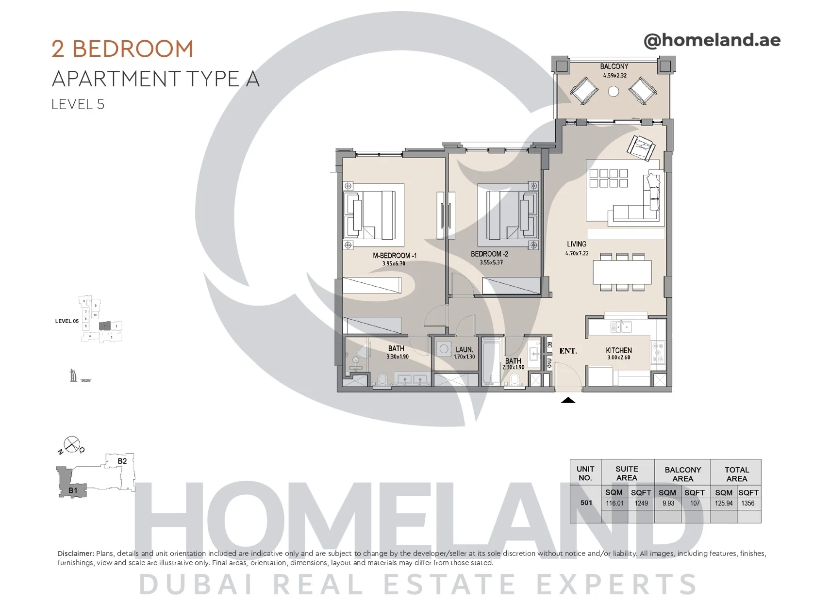 Lamtara, Building 1, 2BR, Type A, Level 5, Unit 501, 1356 SQFT