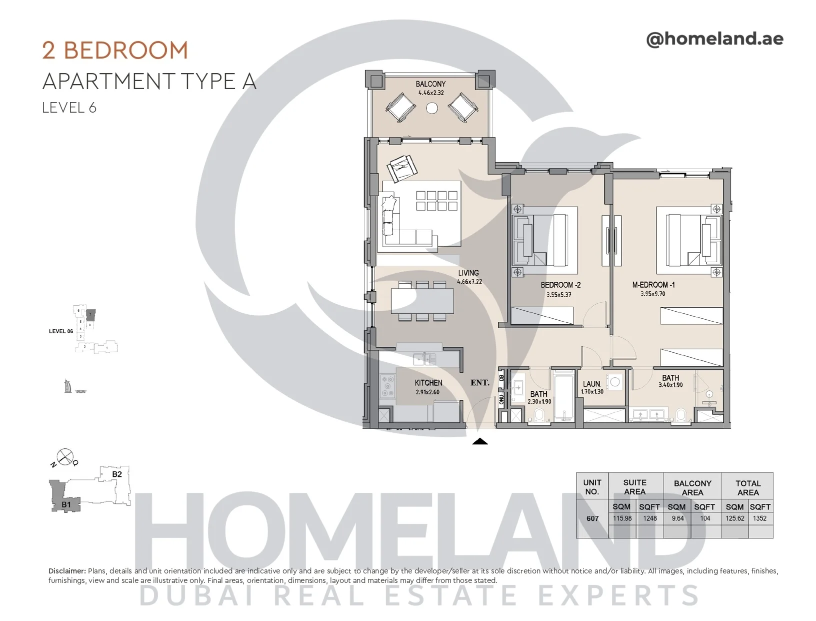 Lamtara, Building 1, 2BR, Type A, Level 6, Unit 607, 1352 SQFT