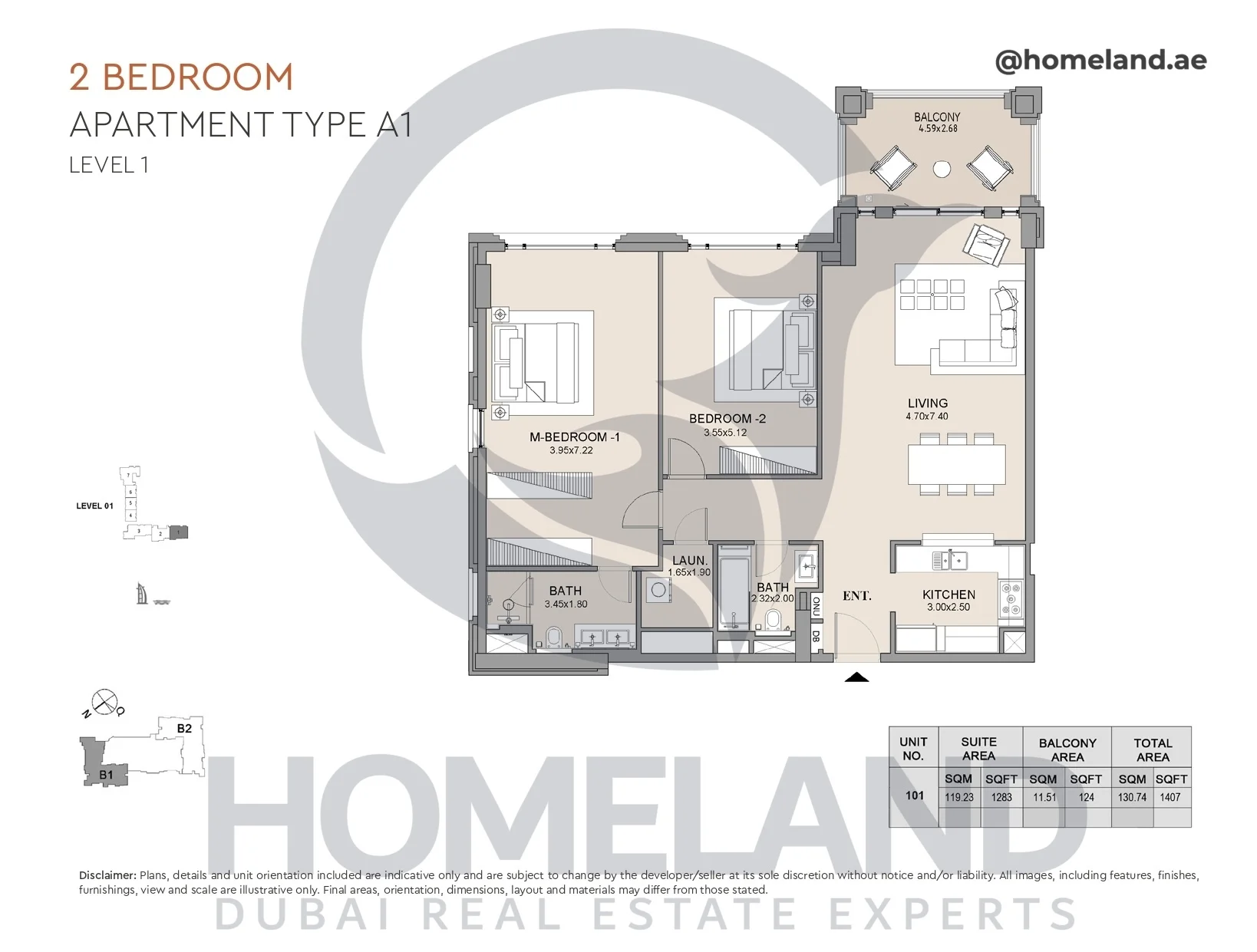 Lamtara, Building 1, 2BR, Type A1, Level 1, Unit 101, 1407 SQFT