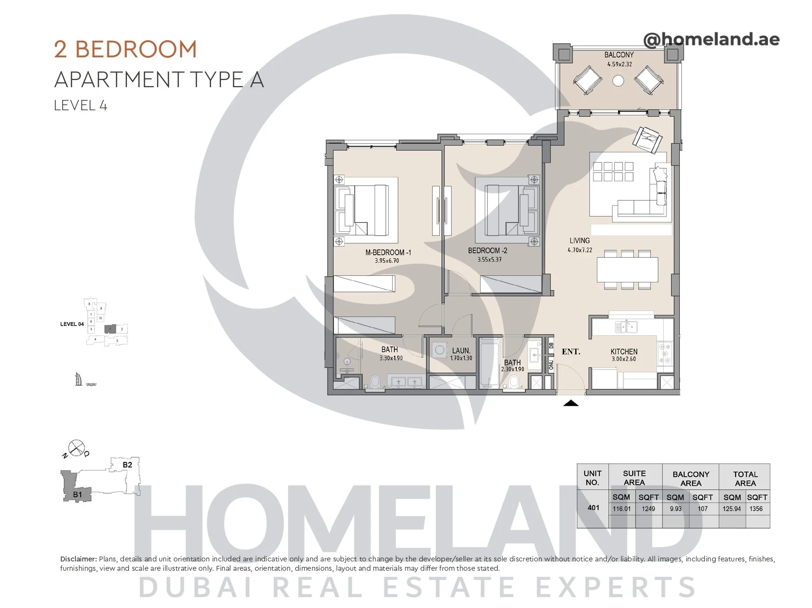 Lamtara, Building 1, 2BR, Type A, Level 4, Unit 401, 1356 SQFT