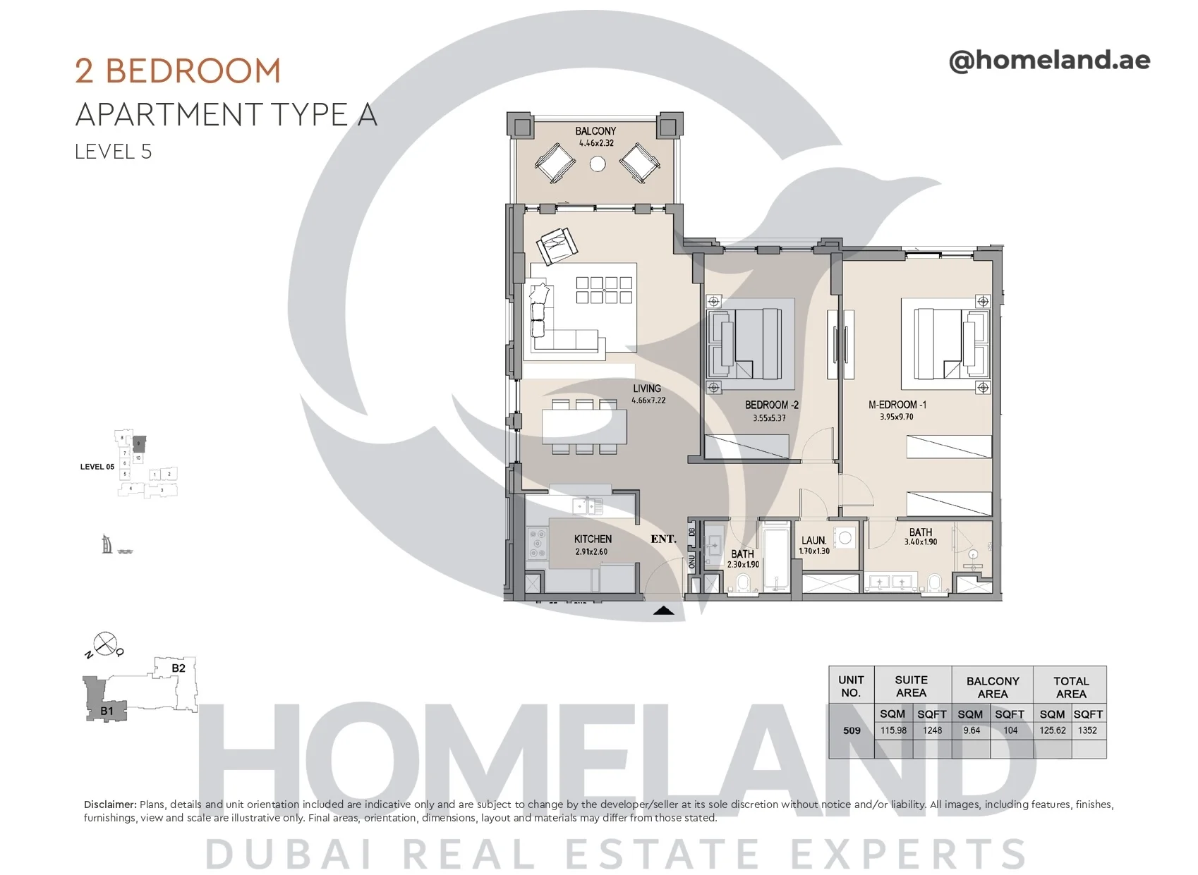 Lamtara, Building 1, 2BR, Type A, Level 5, Unit 509, 1352 SQFT