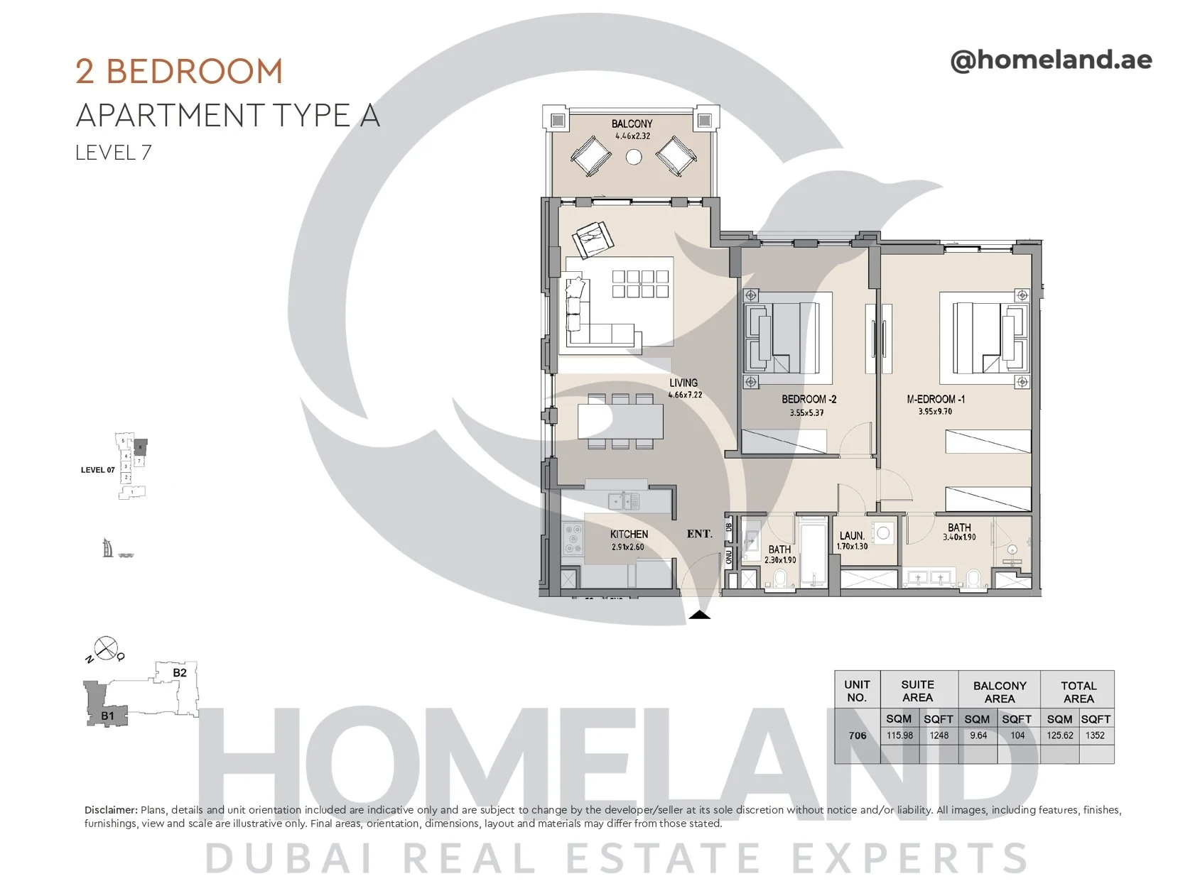 Lamtara, Building 1, 2BR, Type A, Level 7, Unit 706, 1352 SQFT