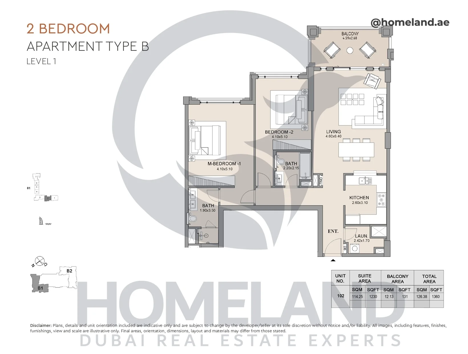 Lamtara, Building 1, 2BR, Type B, Level 1, Unit 102, 1360 SQFT