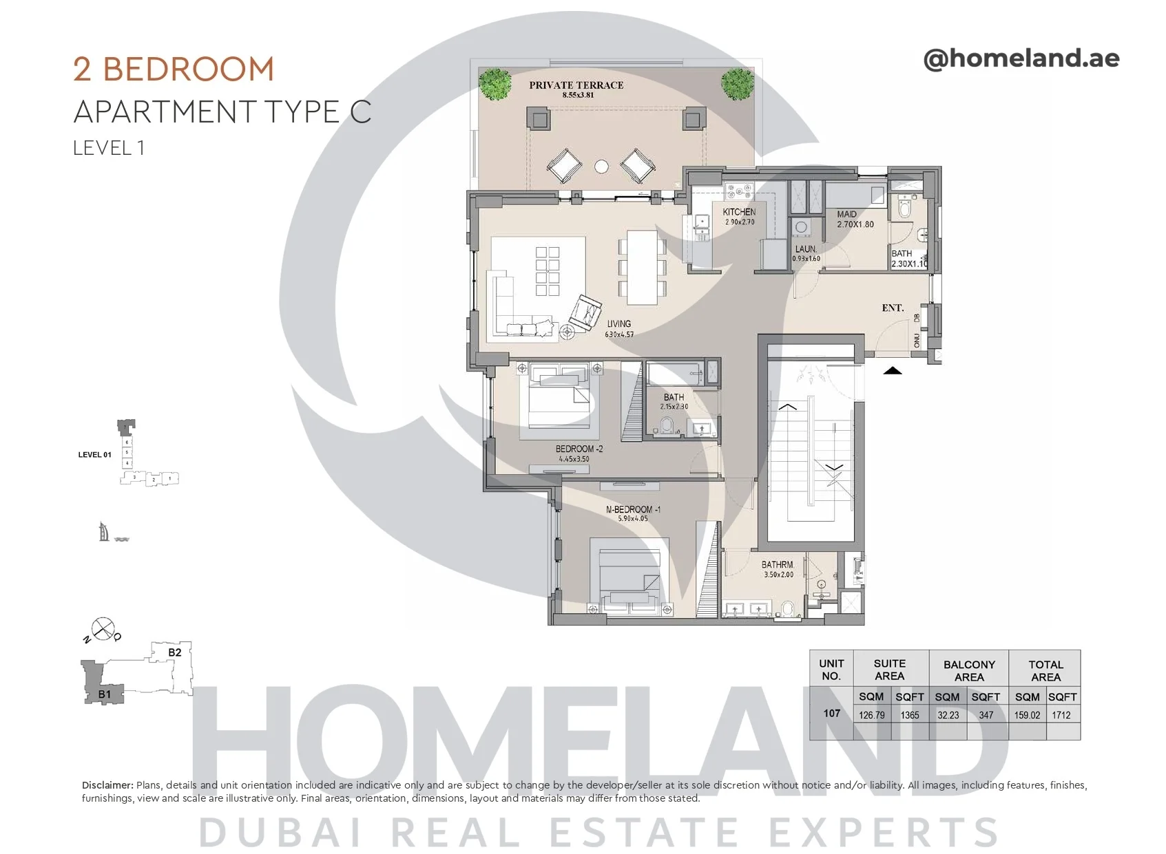 Lamtara, Building 1, 2BR, Type C, Level 1, Unit 107, 1712 SQFT