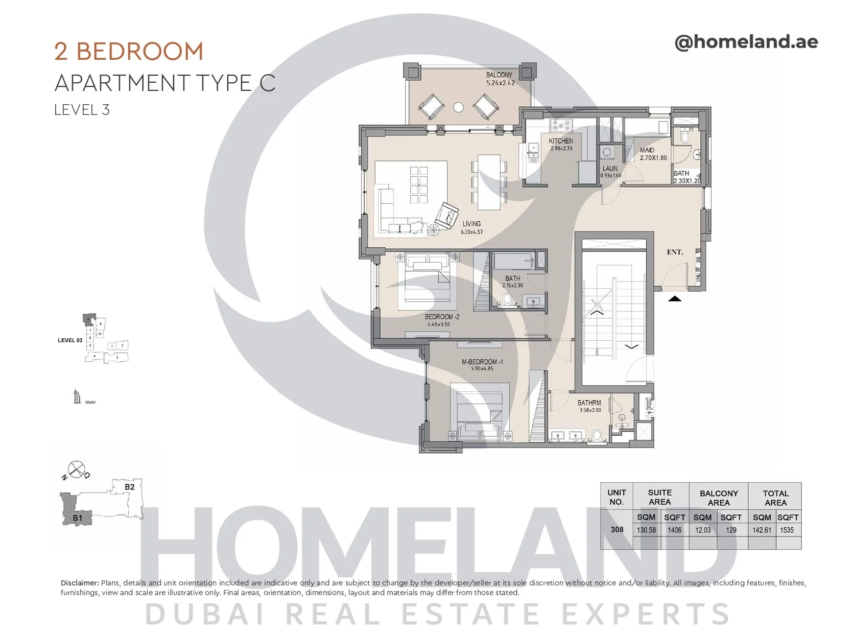 Lamtara, Building 1, 2BR, Type C, Level 3, Unit 308, 1535 SQFT