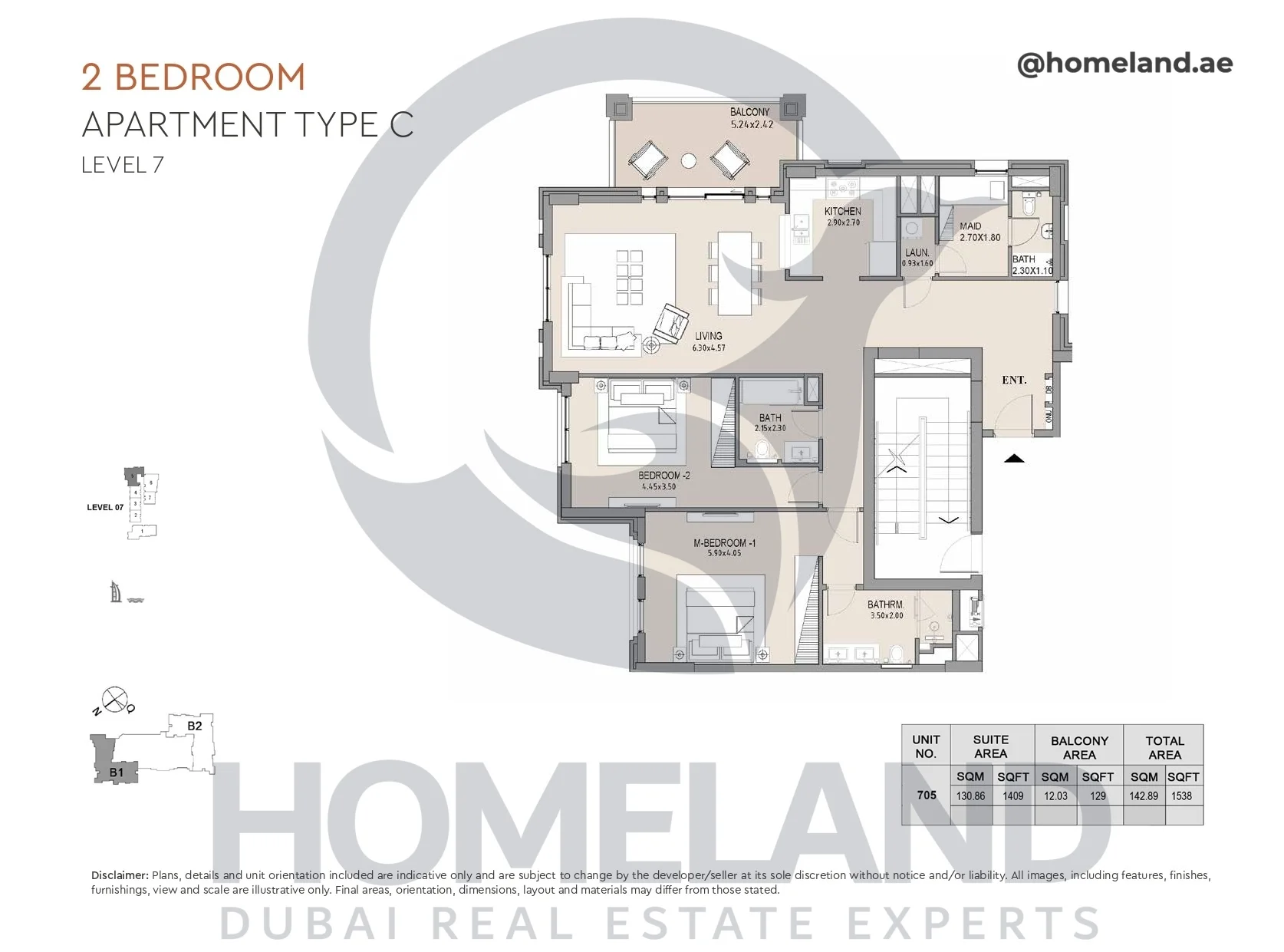 Lamtara, Building 1, 2BR, Type C, Level 7, Unit 705, 1538 SQFT