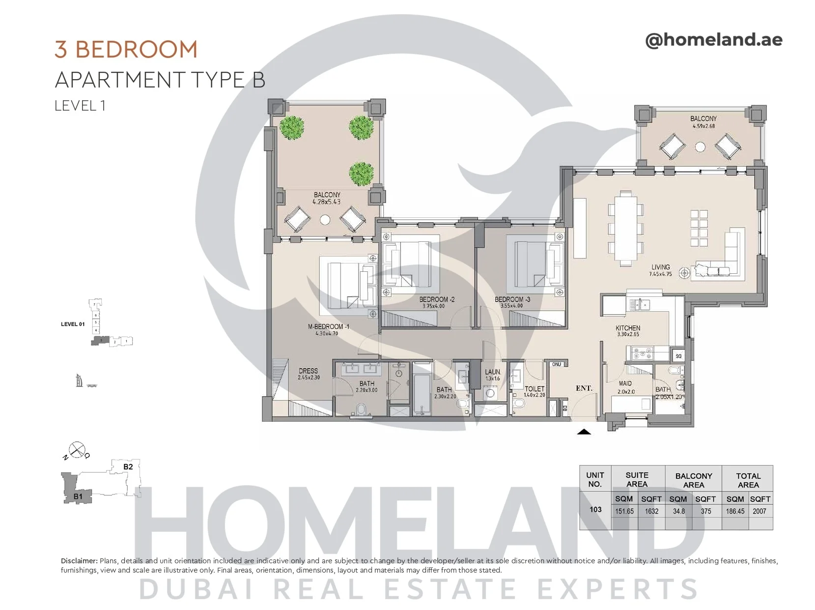 Lamtara, Building 1, 3BR, Type B, Level 1, Unit 103, 2007 SQFT