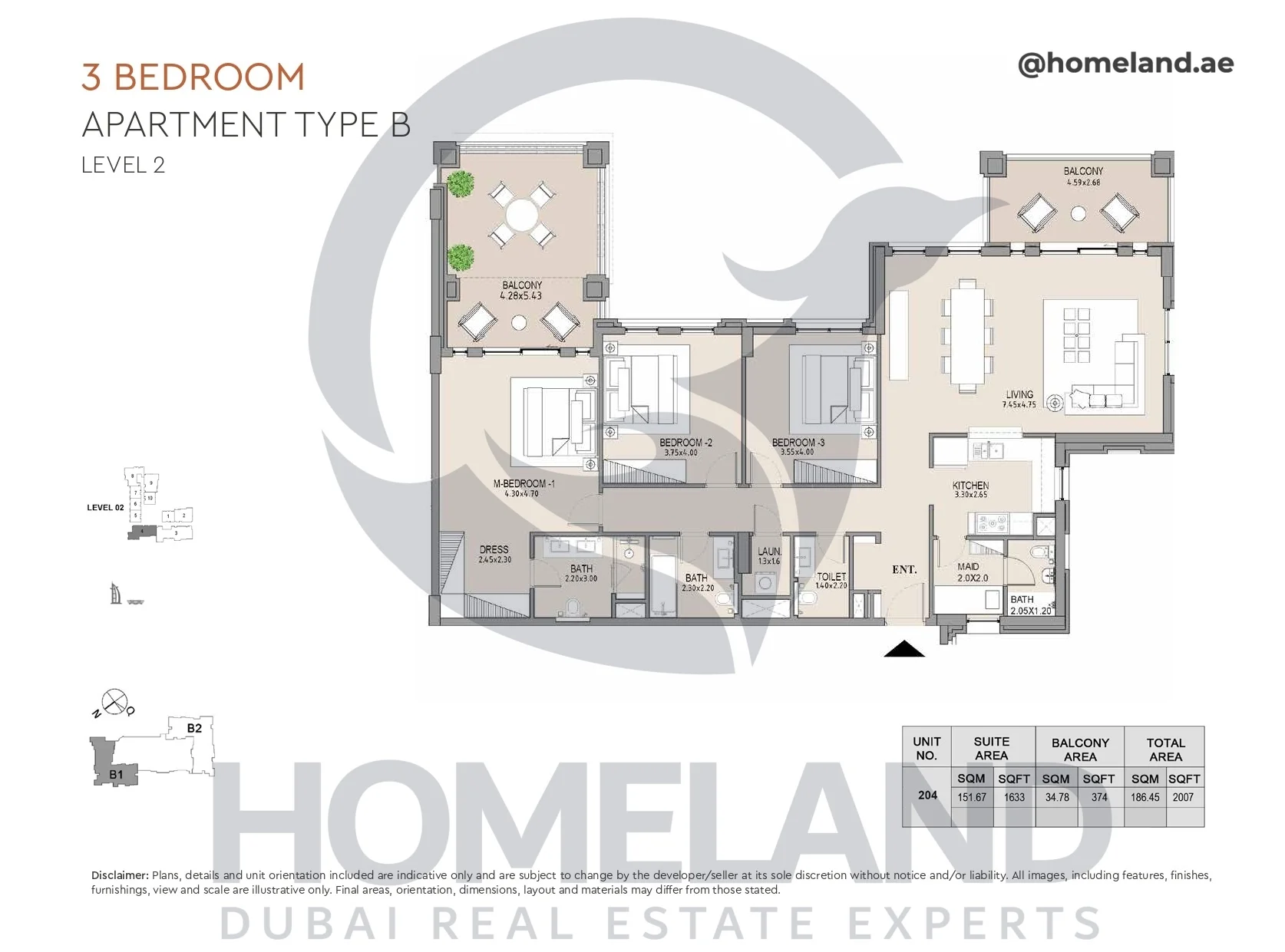 Lamtara, Building 1, 3BR, Type B, Level 2, Unit 204, 2007 SQFT