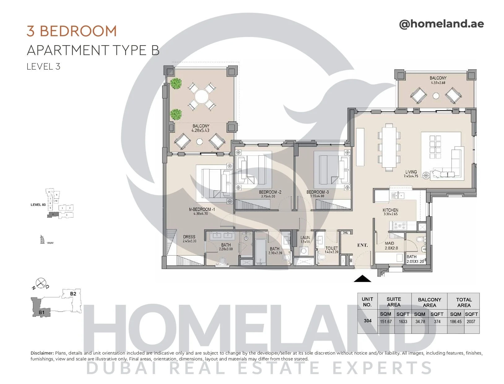 Lamtara, Building 1, 3BR, Type B, Level 3, Unit 304, 2007 SQFT