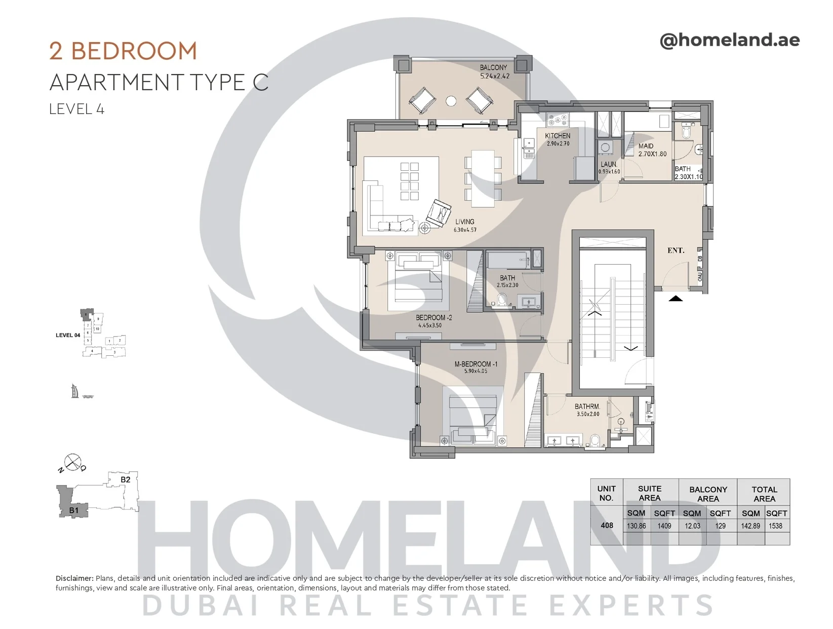 Lamtara, Building 1, 2BR, Type C, Level 4, Unit 408, 1538 SQFT