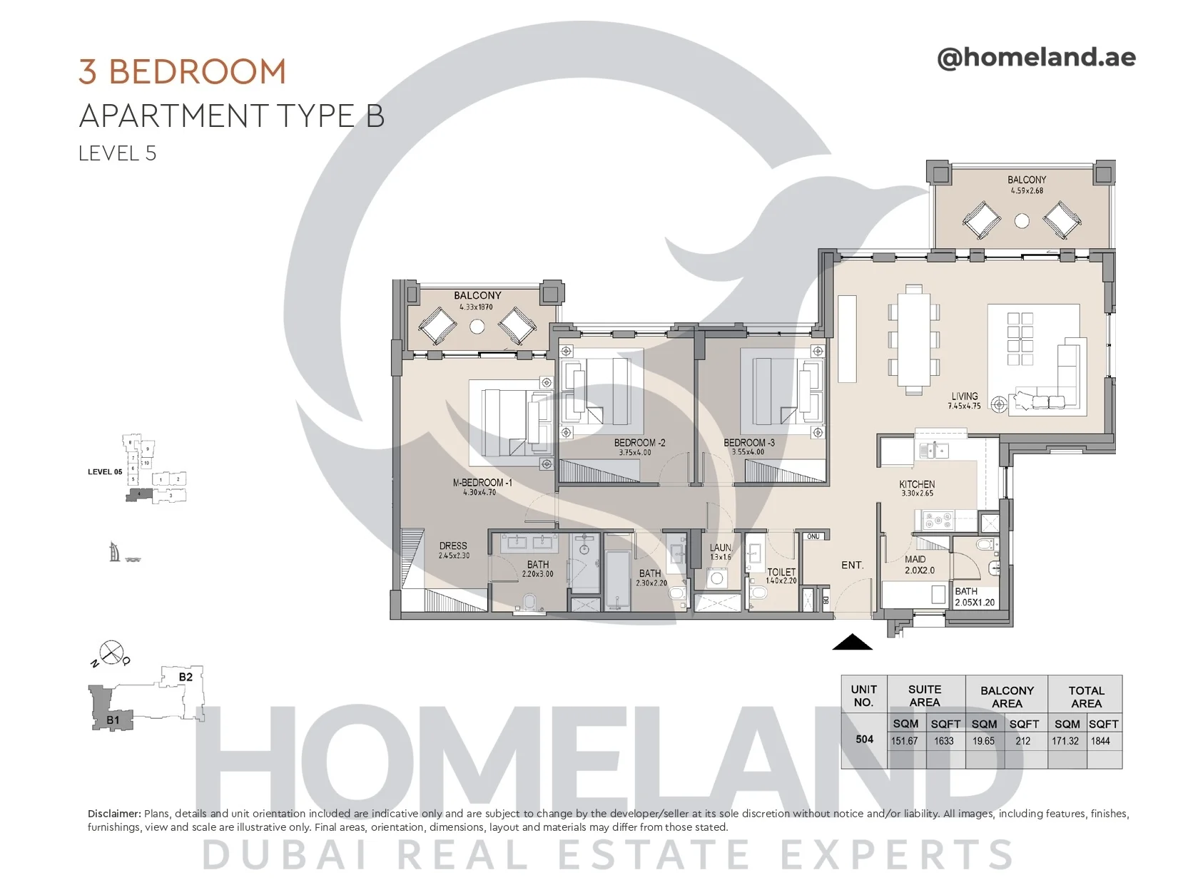 Lamtara, Building 1, 3BR, Type B, Level 5, Unit 504, 1844 SQFT