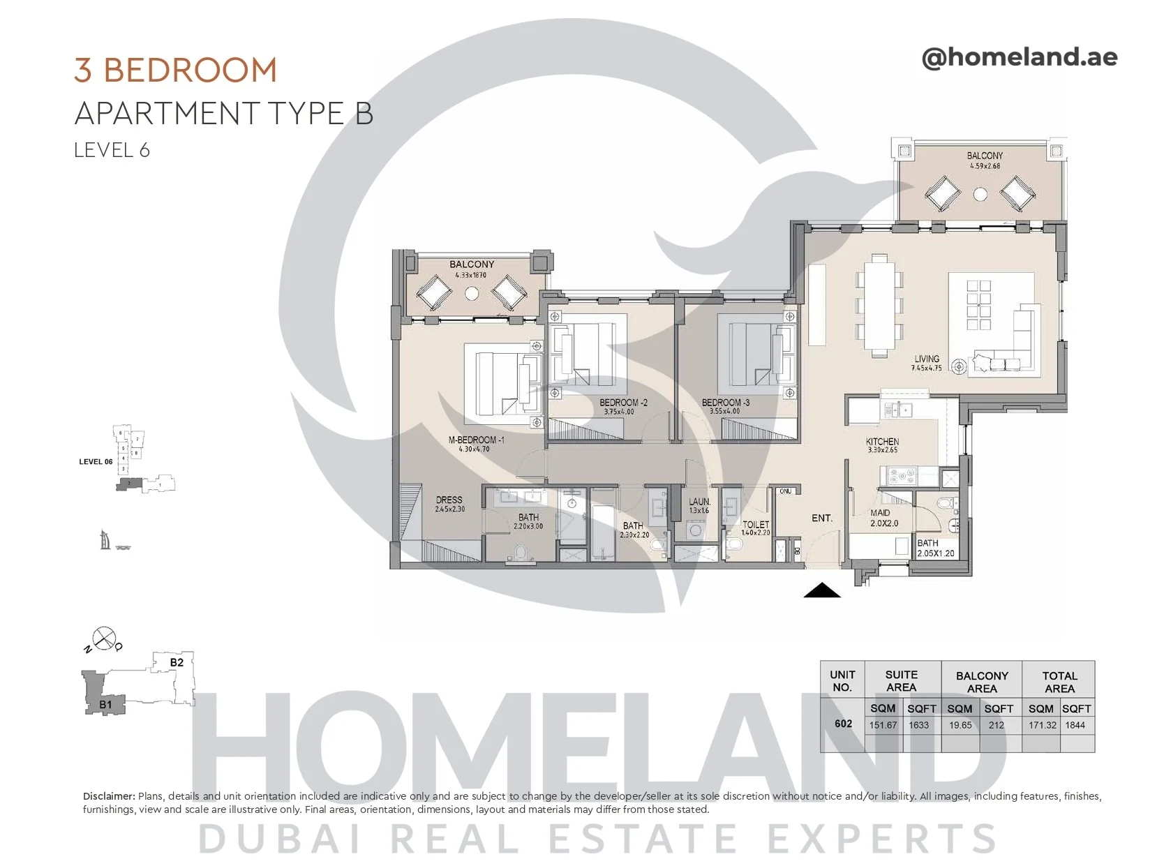 Lamtara, Building 1, 3BR, Type B, Level 6, Unit 602, 1844 SQFT