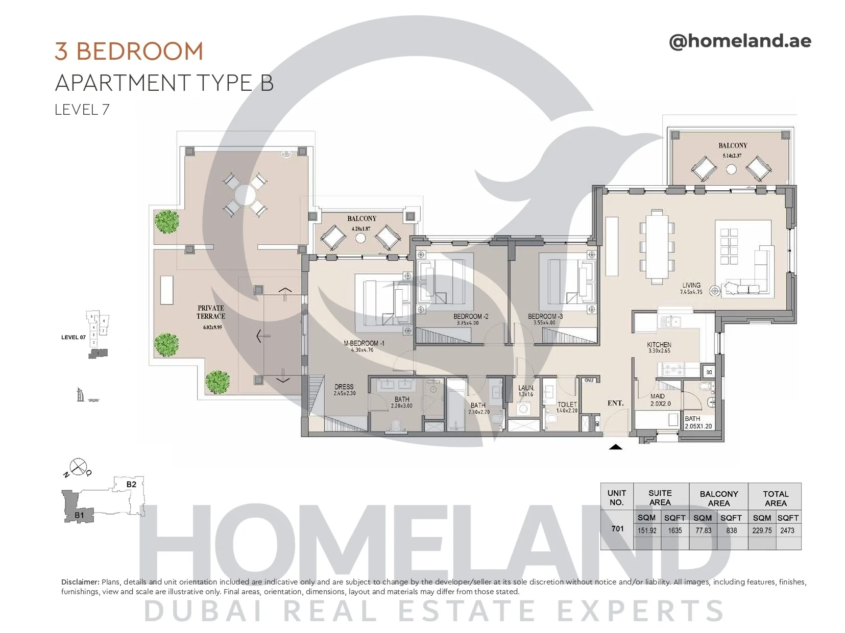 Lamtara, Building 1, 3BR, Type B, Level 7, Unit 701, 2473 SQFT