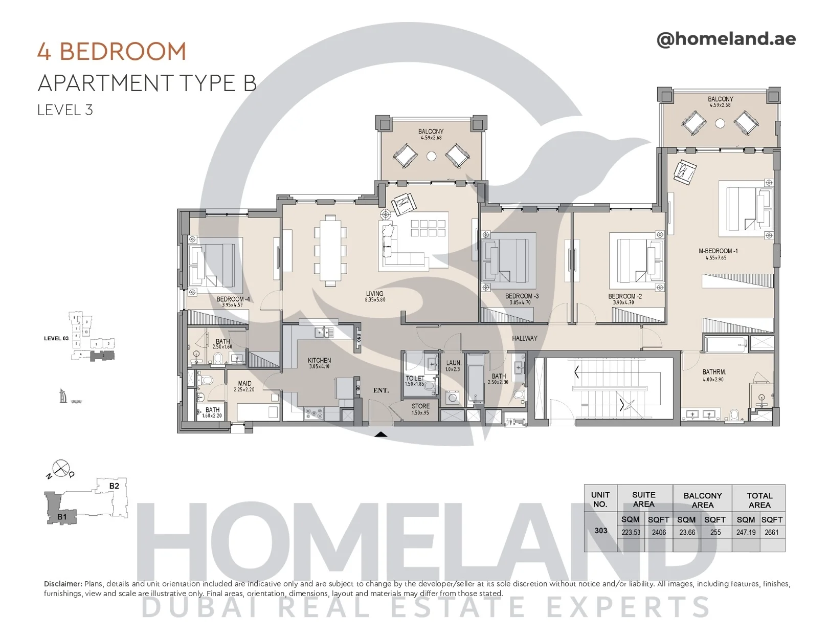 Lamtara, Building 1, 4BR, Type B, Level 3, Unit 303, 2661 SQFT