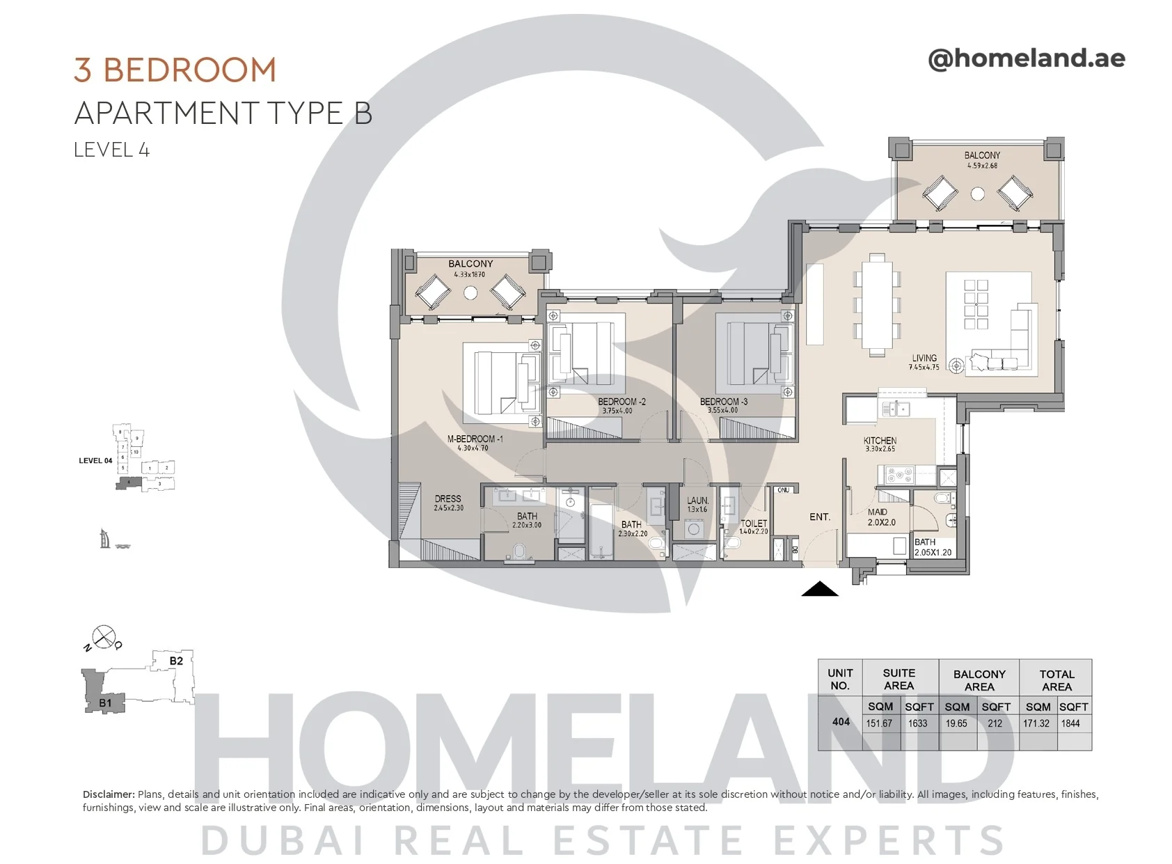 Lamtara, Building 1, 3BR, Type B, Level 4, Unit 404, 1844 SQFT