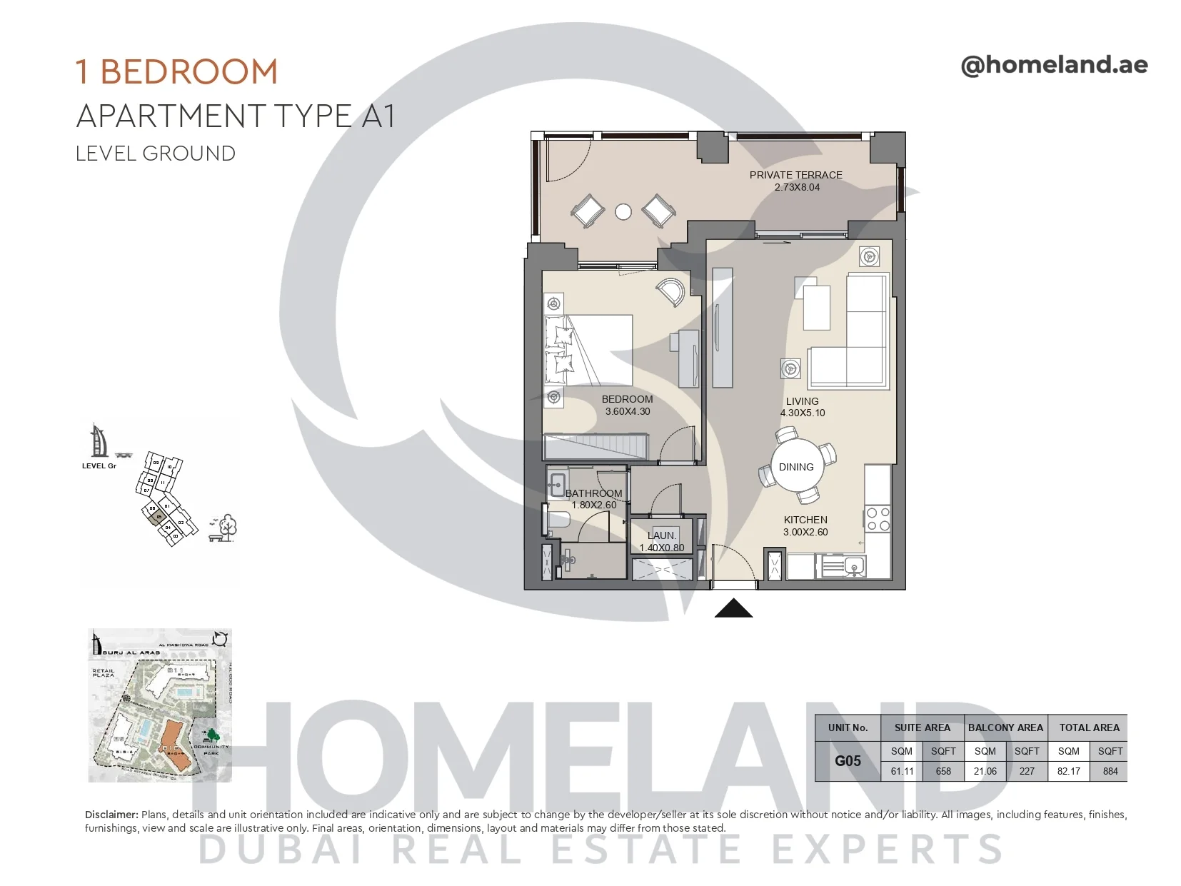Jabeel, 1BR, Type A1, Ground Floor, Unit G05, 884 SQFT