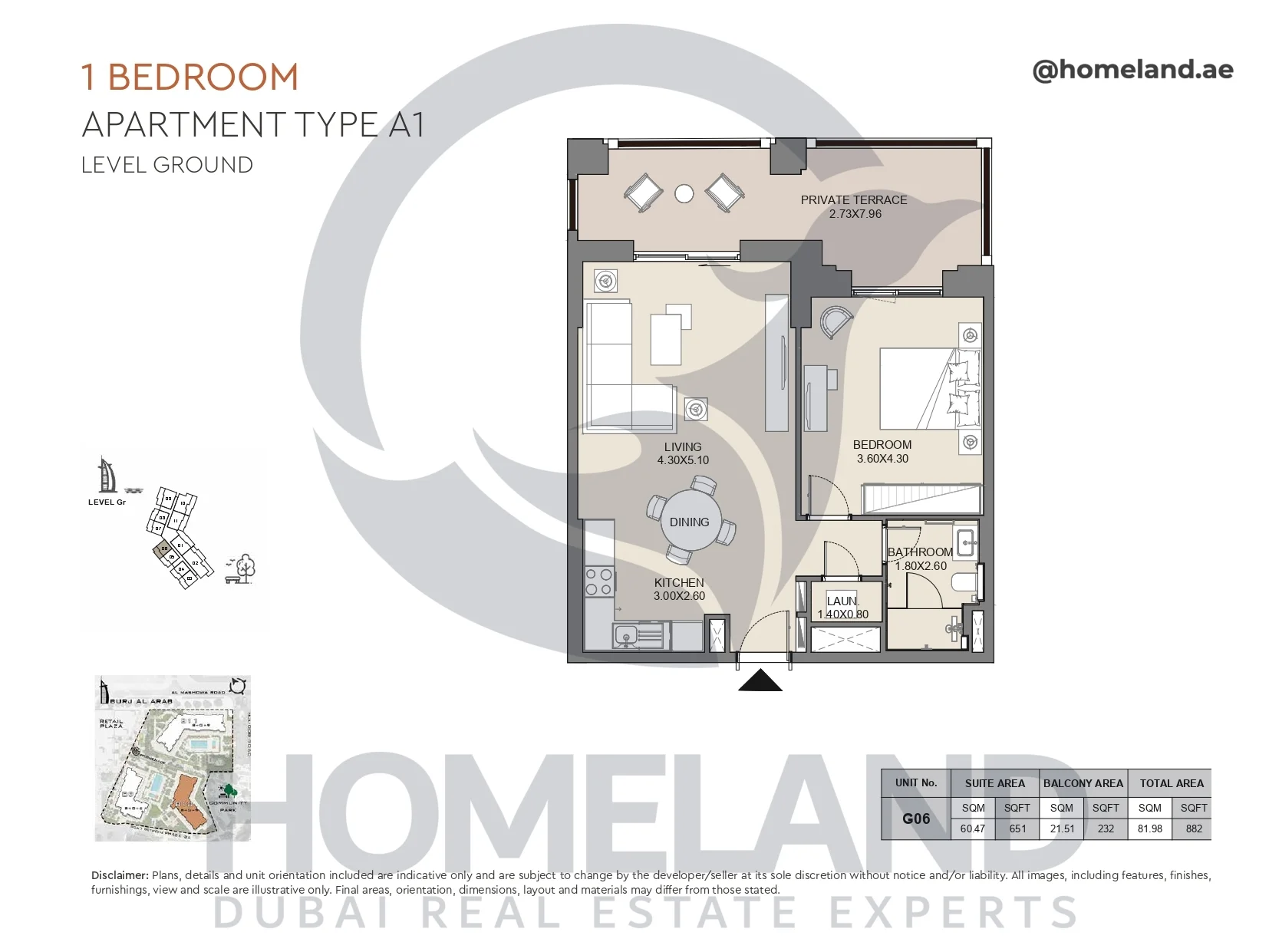 Jabeel, 1BR, Type A1, Ground Floor, Unit G06, 882 SQFT