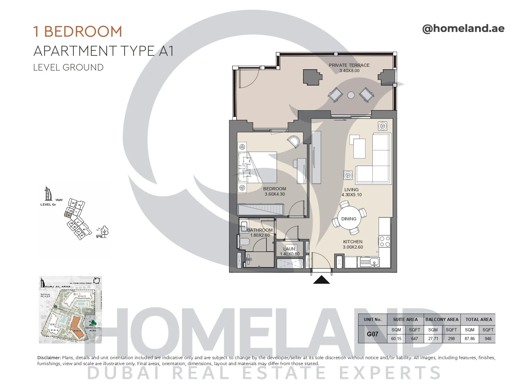 Jabeel, 1BR, Type A1, Ground Floor, Unit G07, 946 SQFT