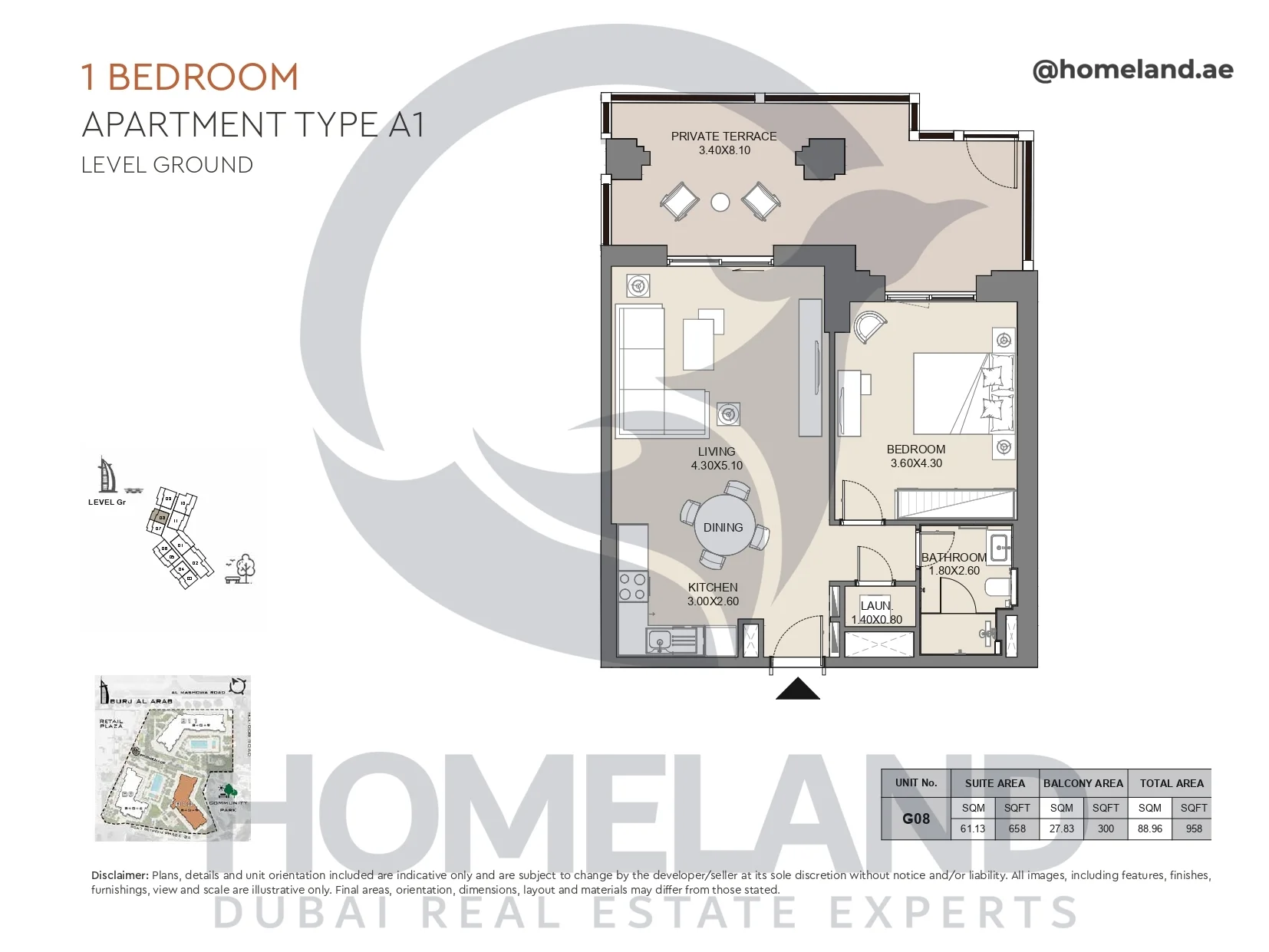 Jabeel, 1BR, Type A1, Ground Floor, Unit G08, 958 SQFT