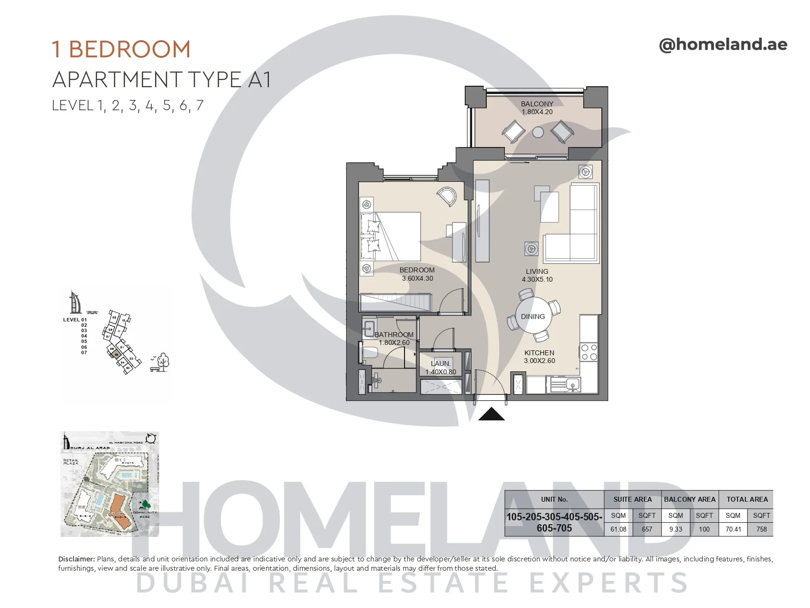 Jabeel, 1BR, Type A1, Level 1 to 7, Unit 105-205-305-405-505-605-705, 758 SQFT