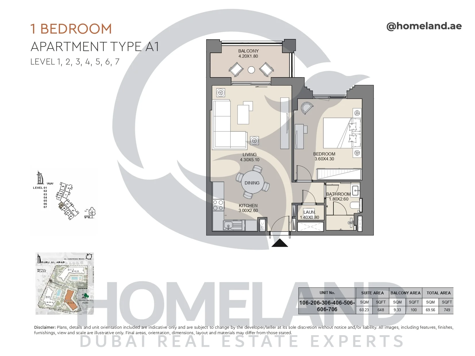 Jabeel, 1BR, Type A1, Level 1 to 7, Unit 106-206-306-406-506-606-706, 749 SQFT