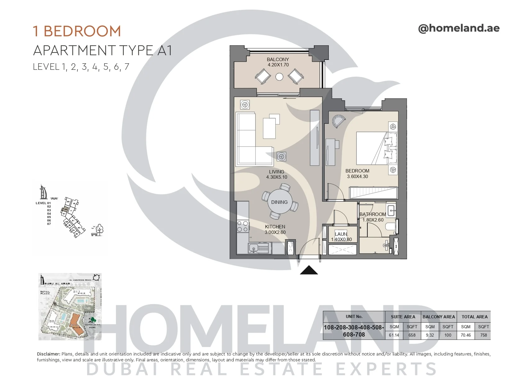 Jabeel, 1BR, Type A1, Level 1 to 7, Unit 108-208-308-408-508-608-708, 758 SQFT