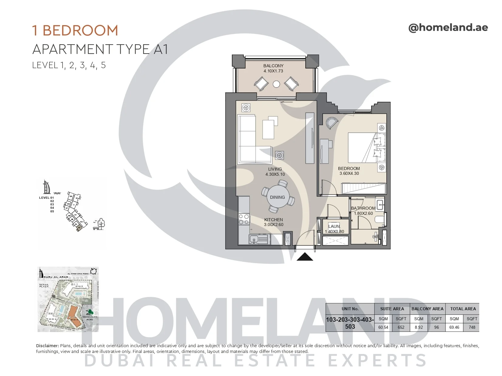 Jabeel, 1BR, Type A1, Level 1 to 5, Unit 103-203-303-403-503, 748 SQFT