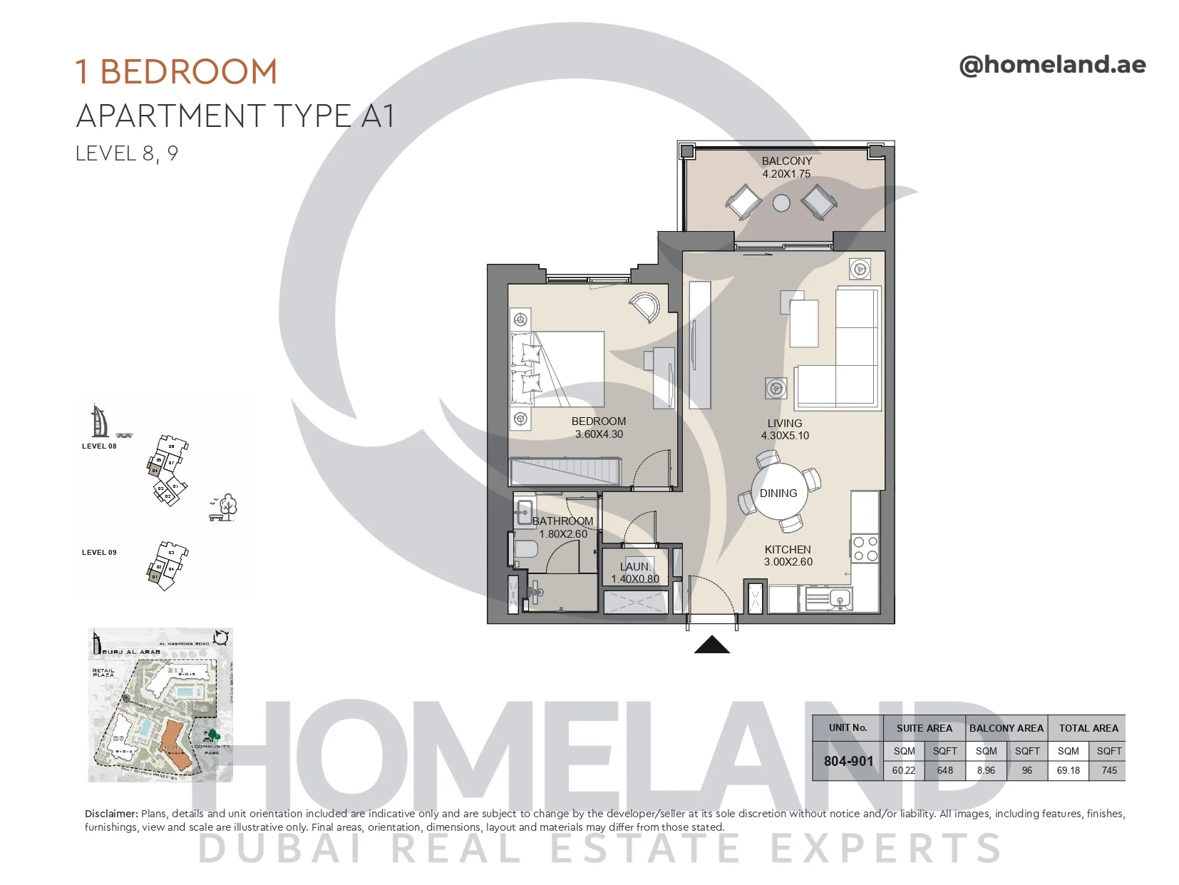 Jabeel, 1BR, Type A1, Level 8 & 9, Unit 804-901, 745 SQFT