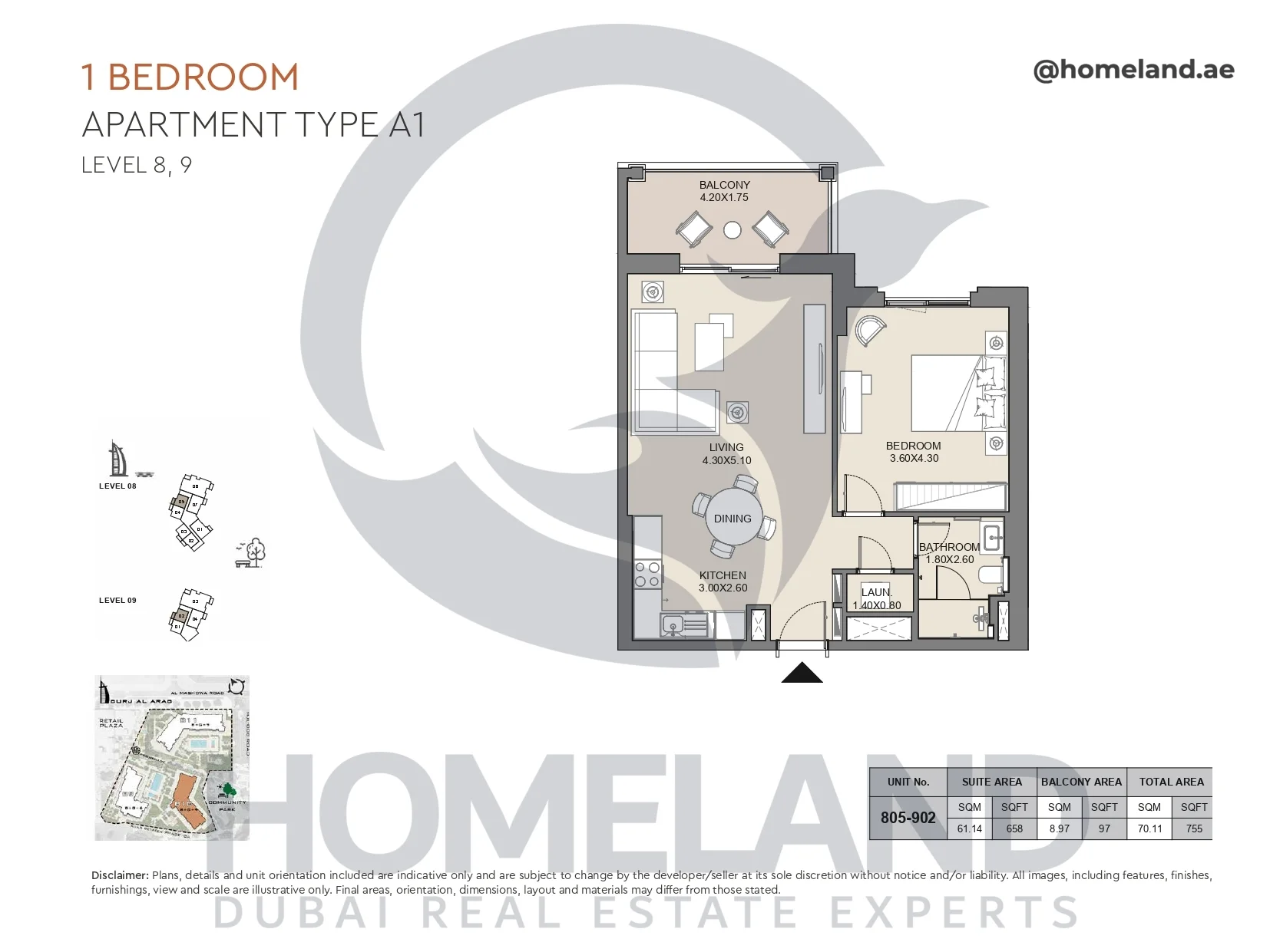 Jabeel, 1BR, Type A1, Level 8 & 9, Unit 805-902, 755 SQFT