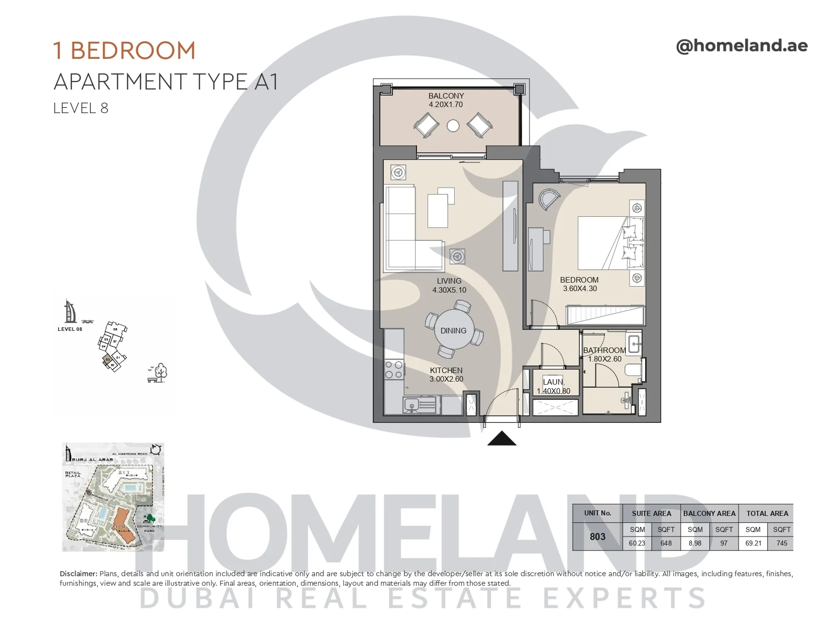 Jabeel, 1BR, Type A1, Level 8, Unit 803, 745 SQFT