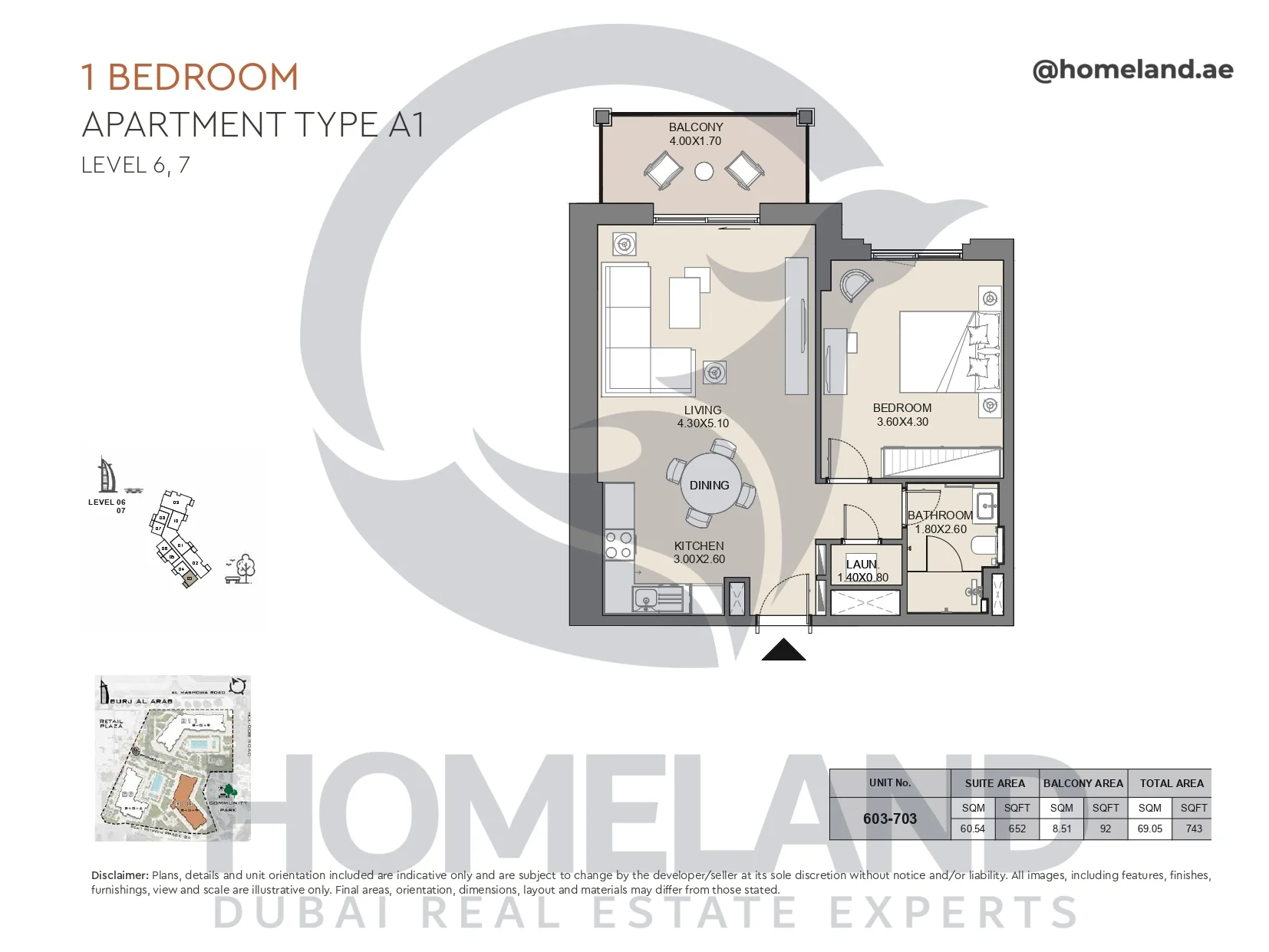 Jabeel, 1BR, Type A1, Level 6 & 7, Unit 603-703, 743 SQFT
