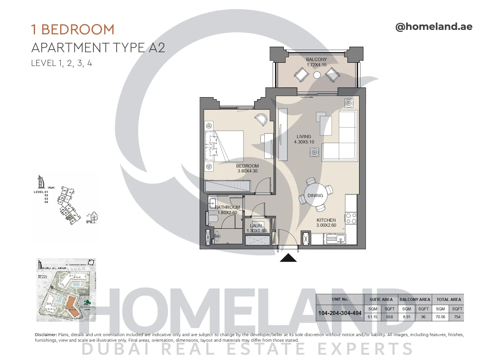 Jabeel, 1BR, Type A2, Level 1 to 4, Unit 104-204-304-404, 754 SQFT