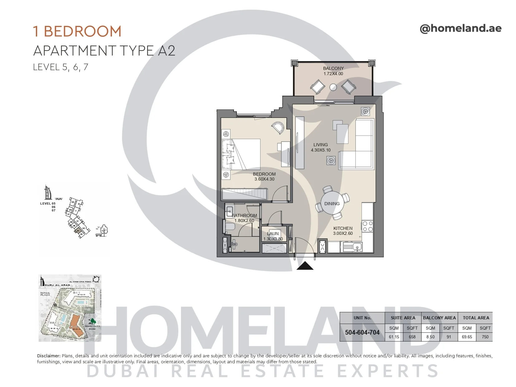 Jabeel, 1BR, Type A2, Level 5 to 7, Unit 504-604-704, 750 SQFT
