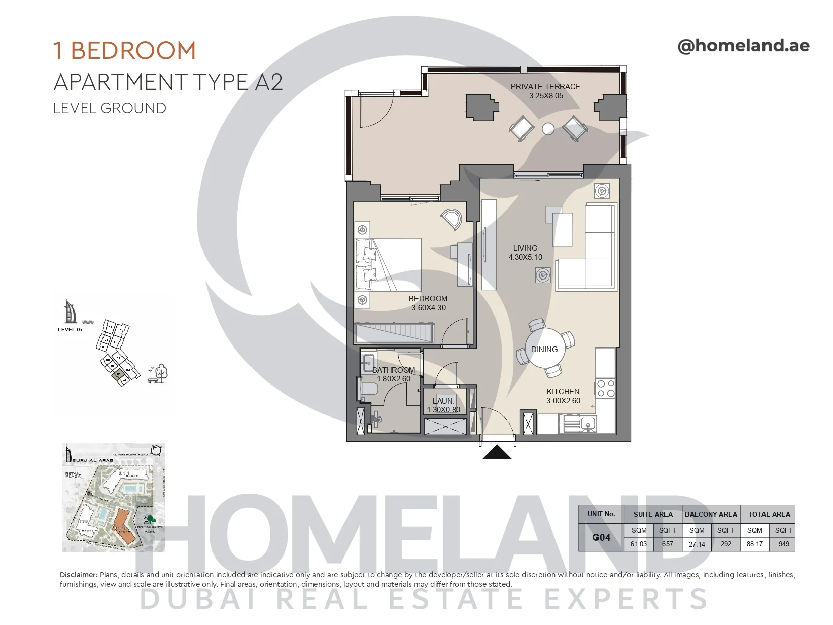 Jabeel, 1BR, Type A2, Ground Floor, Unit G04, 949 SQFT