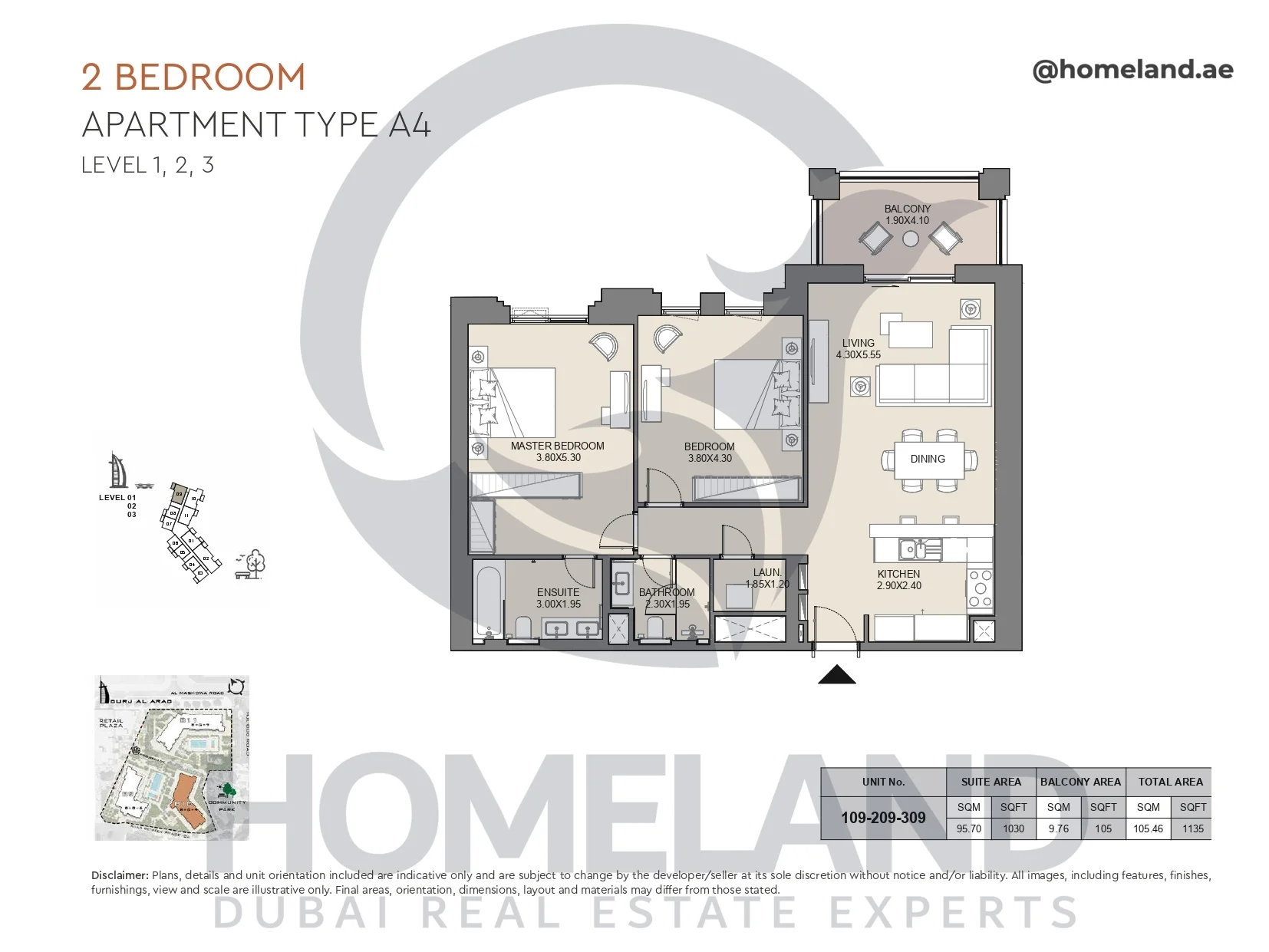 Jabeel, 2BR, Type A4, Level 1 to 3, Unit 109-209-309, 1135 SQFT