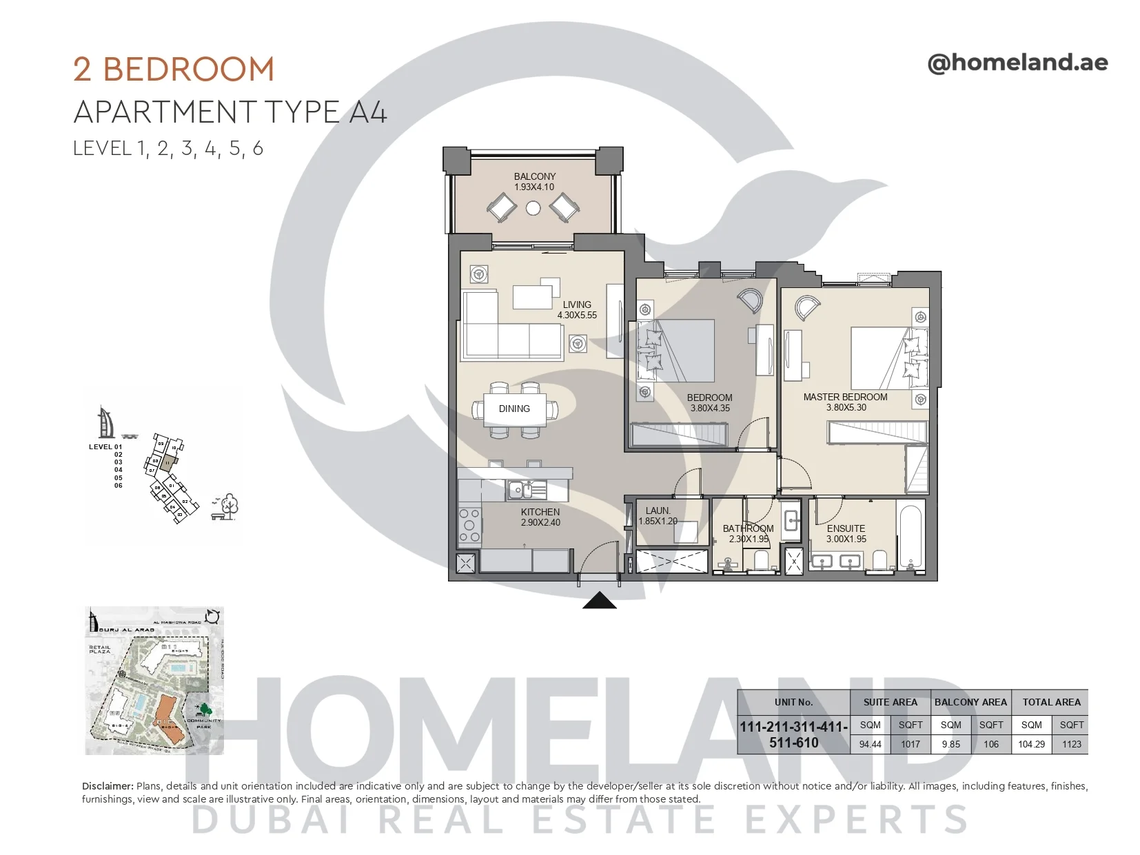 Jabeel, 2BR, Type A4, Level 1 to 6, Unit 111-211-311-411-511-610, 1123 SQFT