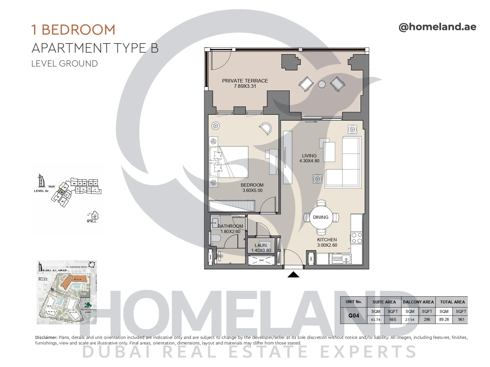 Jabeel, 1BR, Type B, Ground Floor, Unit G04, 961 SQFT