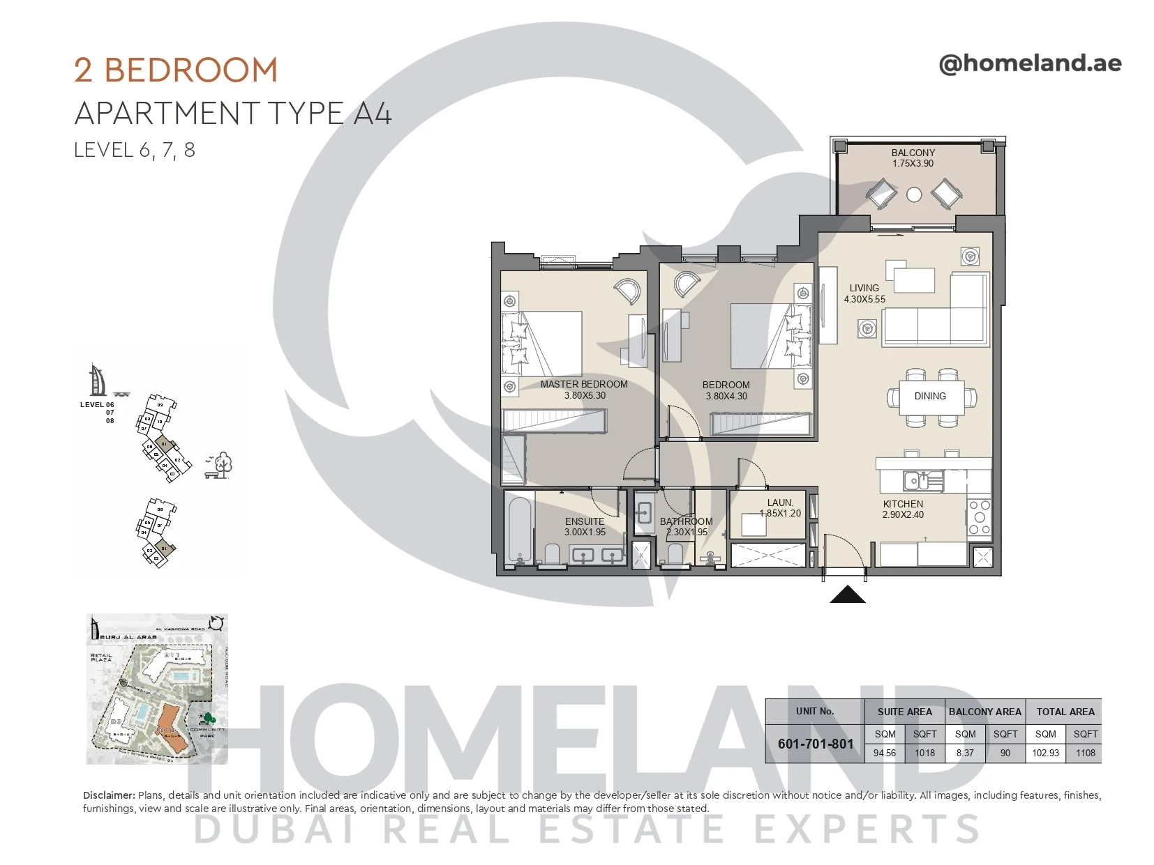 Jabeel, 2BR, Type A4, Level 6 to 8, Unit 601-701-801, 1108 SQFT