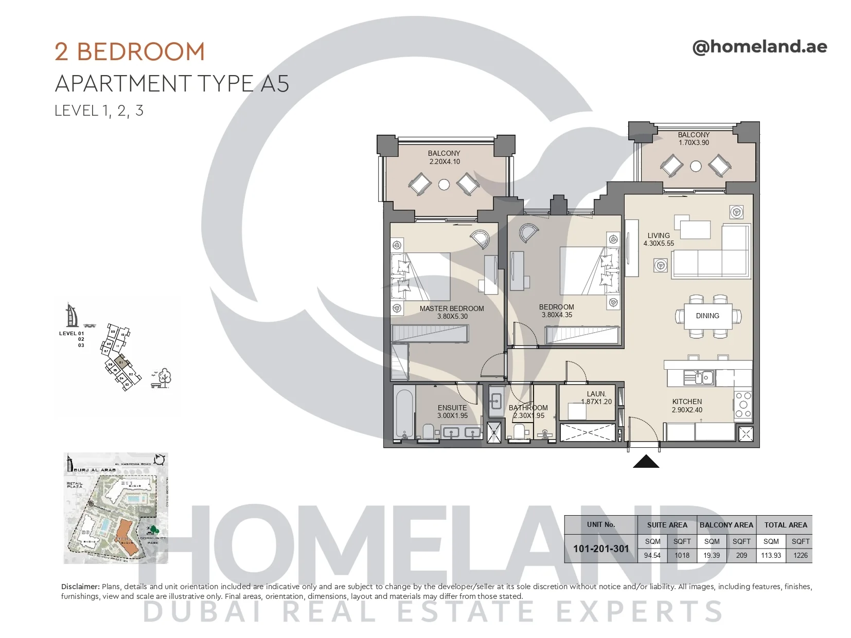 Jabeel, 2BR, Type A5, Level 1 to 3, Unit 101-201-301, 1226 SQFT
