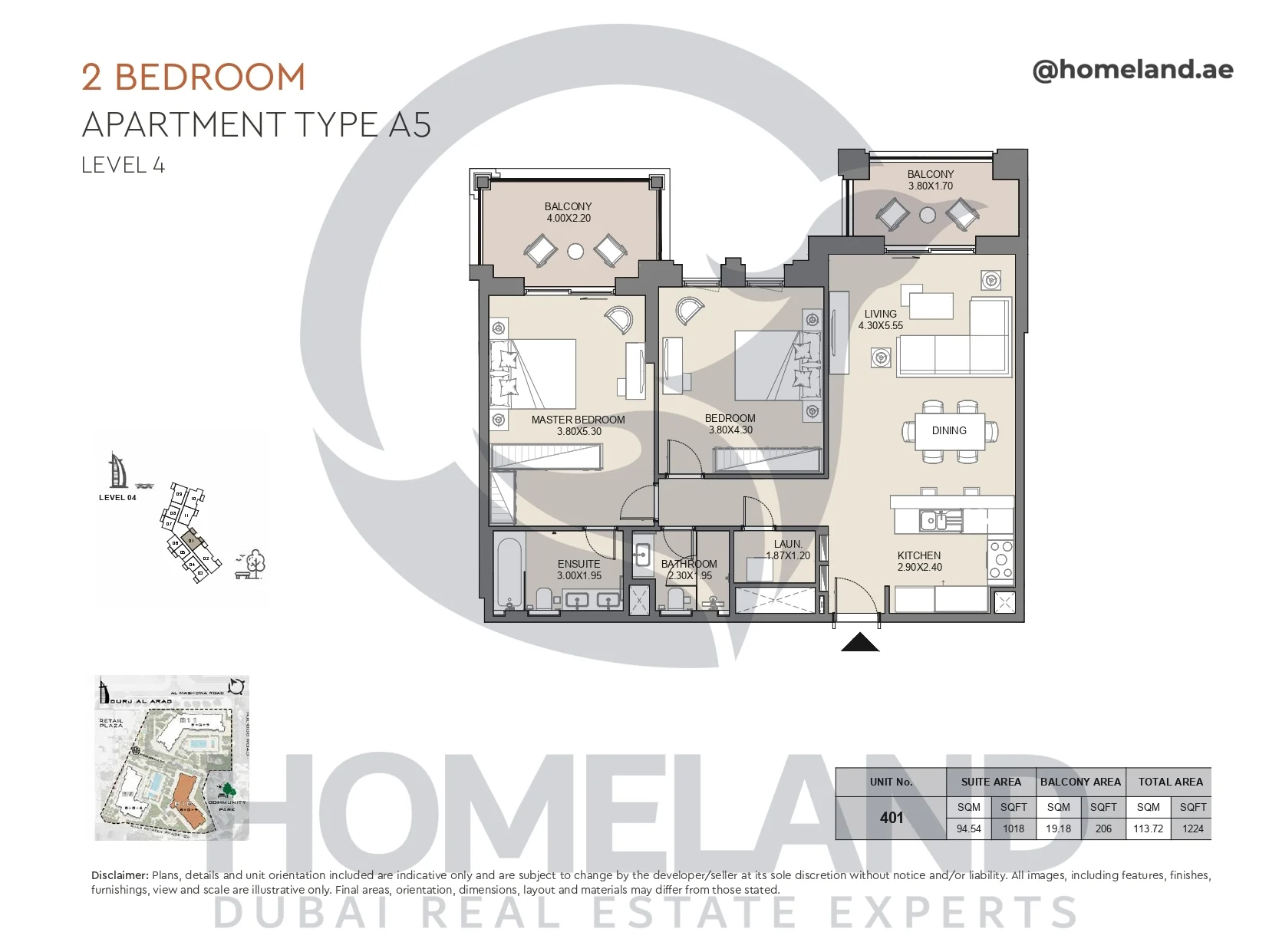 Jabeel, 2BR, Type A5, Level 4, Unit 401, 1224 SQFT